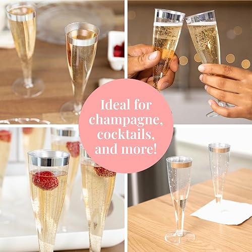 Miniatura 6 de Prestee 24 copas de champán de plástico desechables, copas de champán de plástico con purpurina plateada para fiestas, vasos de plástico, vasos de