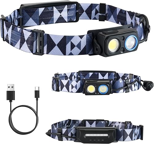 Linterna frontal LED recargable, 1000 lm con sensor de movimiento, foco e reflector, inclinación de 90, batería reflectante, IPX4 impermeable,