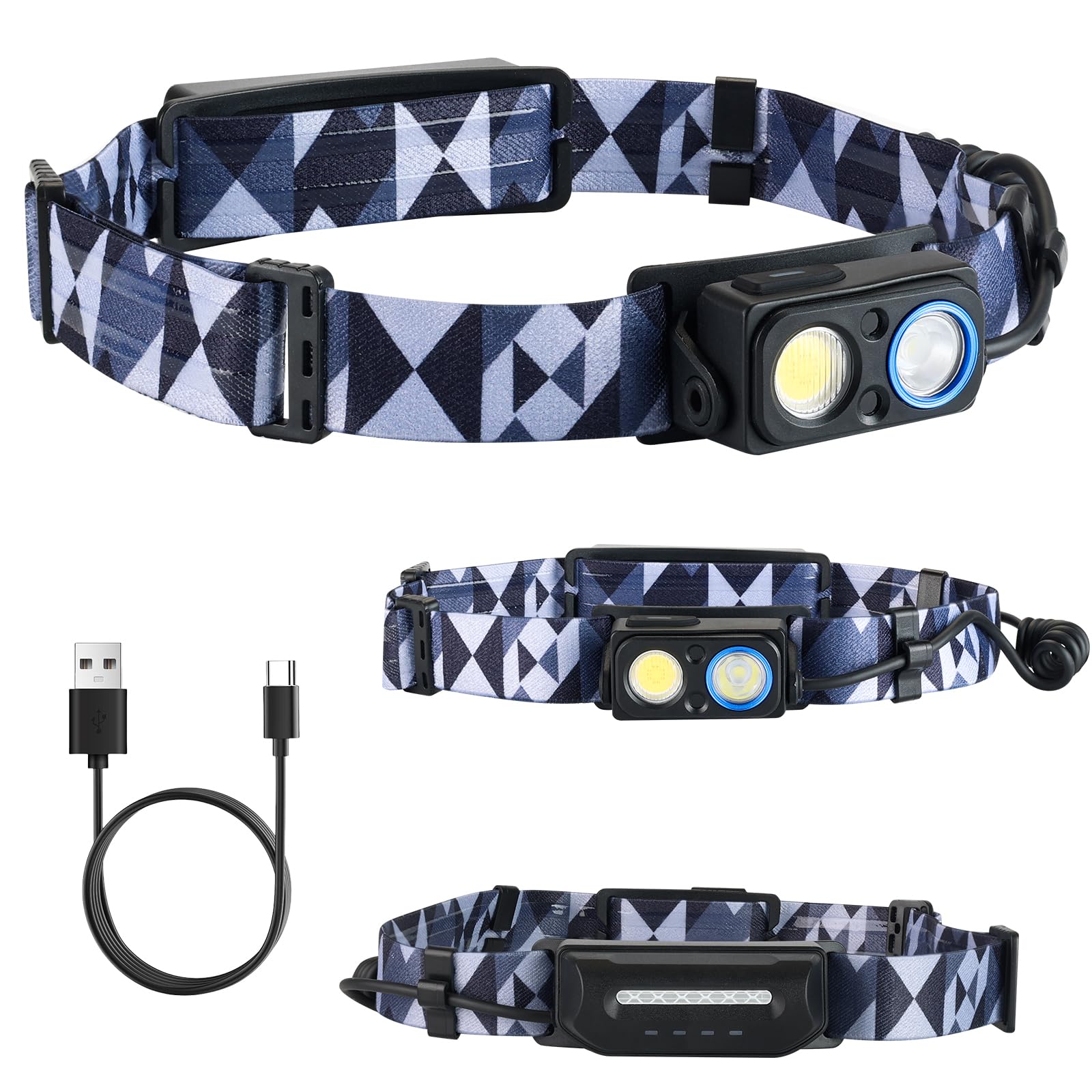 Wiederaufladbare 1000LM LED Stirnlampe mit Bewegungsmelder - 2600mAh Akku, einstellbarer Strahl (SMD & COB), 90° Neigung, geteiltes Design, reflektierender Akku, IPX4 wasserdicht
