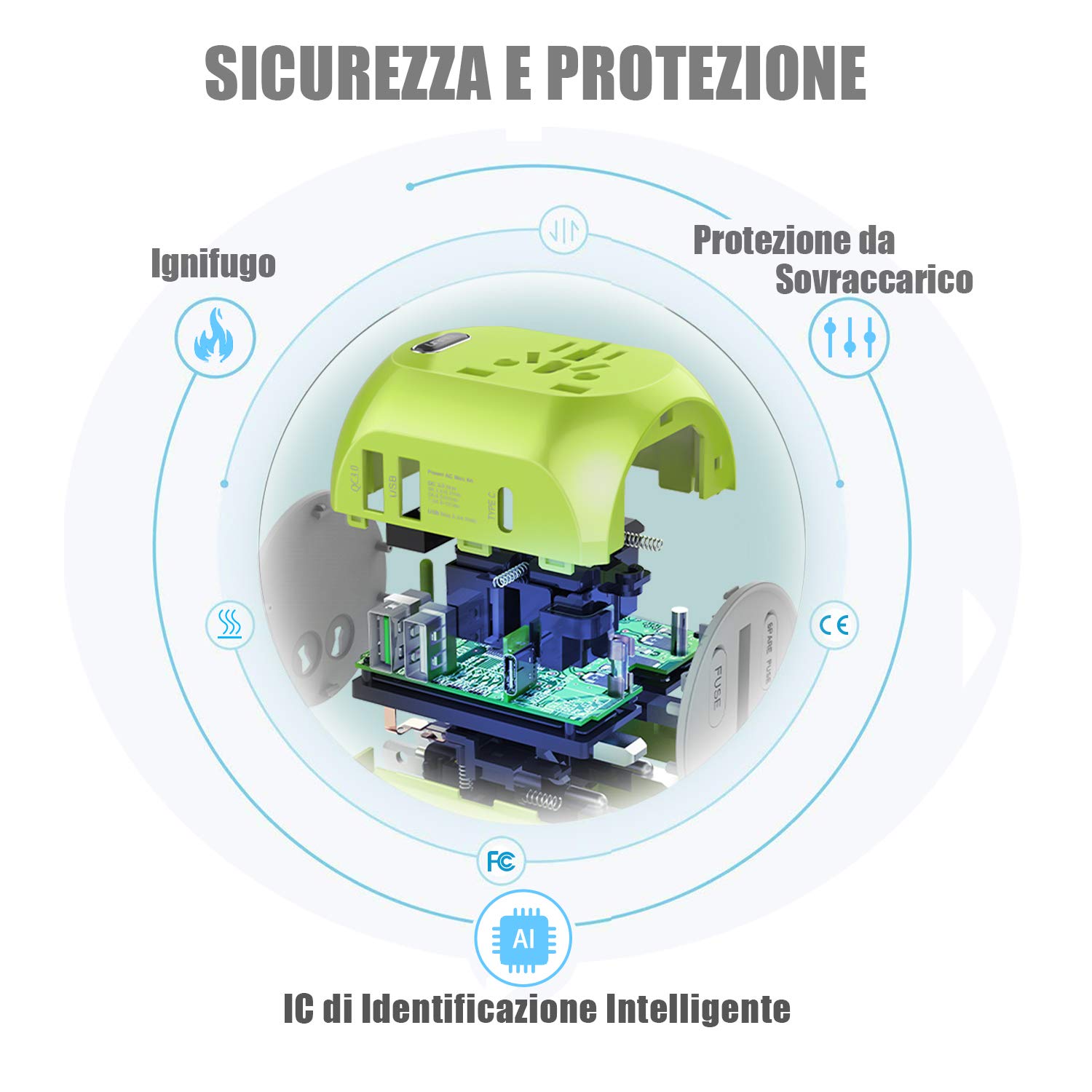 Milool Adattatore Universale da Viaggio con QC3.0 Quick Charge 2 Porte USB 3.0 e 1 Interfaccia Type-C US/EU/UK/AU in One Caricatore Multifunzioni per Oltre 180 Paesi, 2 Fuse (Spare Fuse) (Verde)