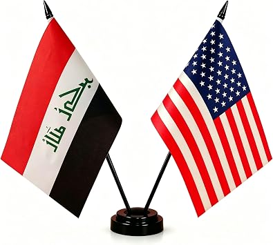 American & Iraq Twin Desk Flag, US Iraq Table Flags, 8 x 5 Inches American & Iraqi Deluxe Desk Flag Set - Miniature USA & Iraq Stick Flag with Flag Stand