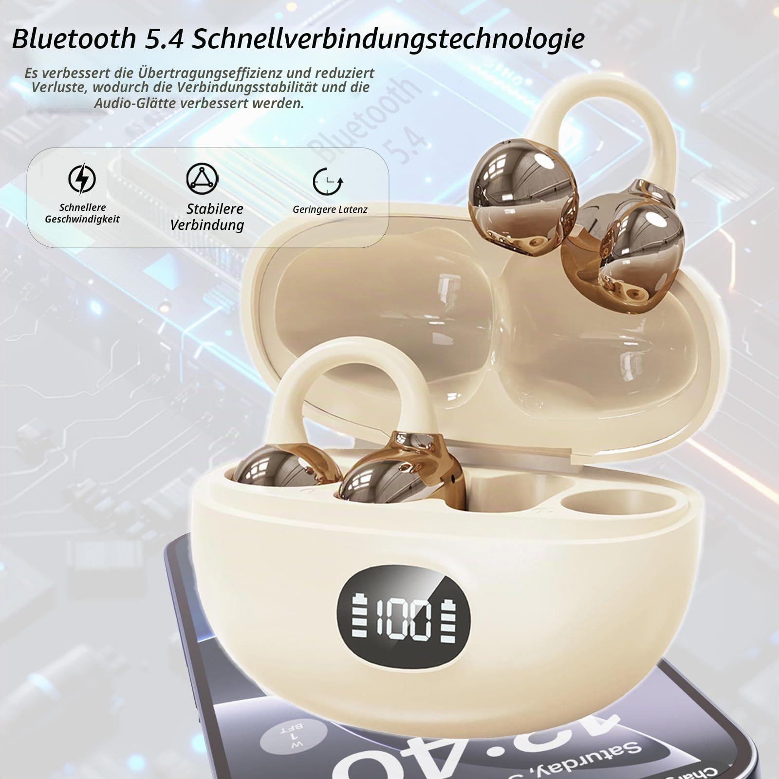 Kabellos Bluetooth Kopfhörer, Open-Ear-Kopfhörer, Ohrclip mit Beeindruckender Klang, Bluetooth 5,4, 40H Akk, Léger et Stable Seulement 4.5 g, Ipx6, iOS & Android™, Besonders leicht für ganztägigen