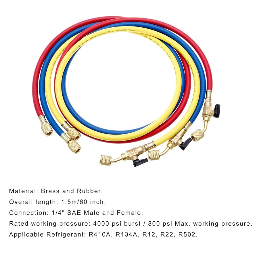 R410 Refrigerant AC Charging Hose Set 3 Colors 1/4" SAE Thread 800-4000 PSI Working Pressure Fits For R134a HVAC