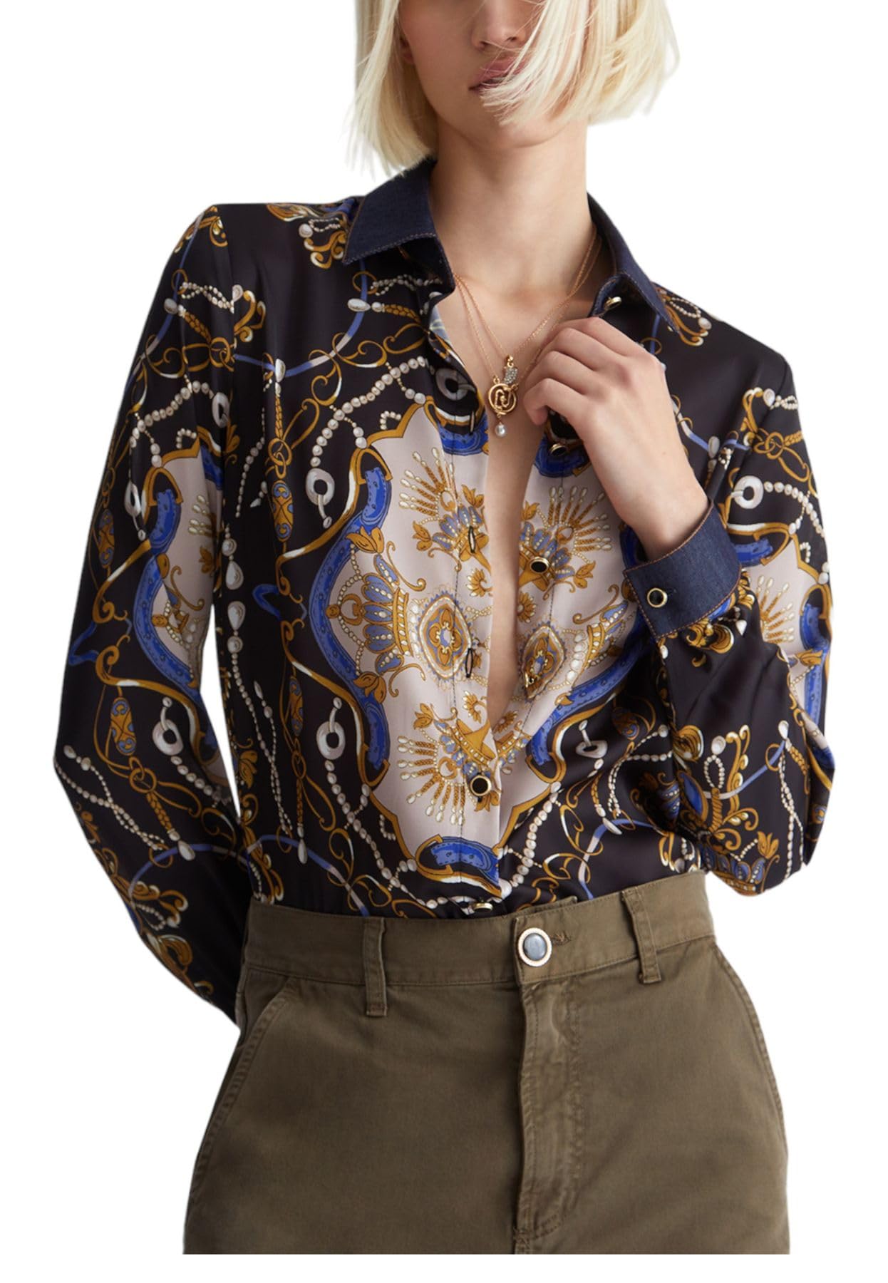 Liu Jo Damenhemd, Modell aus regulärer Passform, aus Satin und Denim, Farbe den.Blue Barock Was