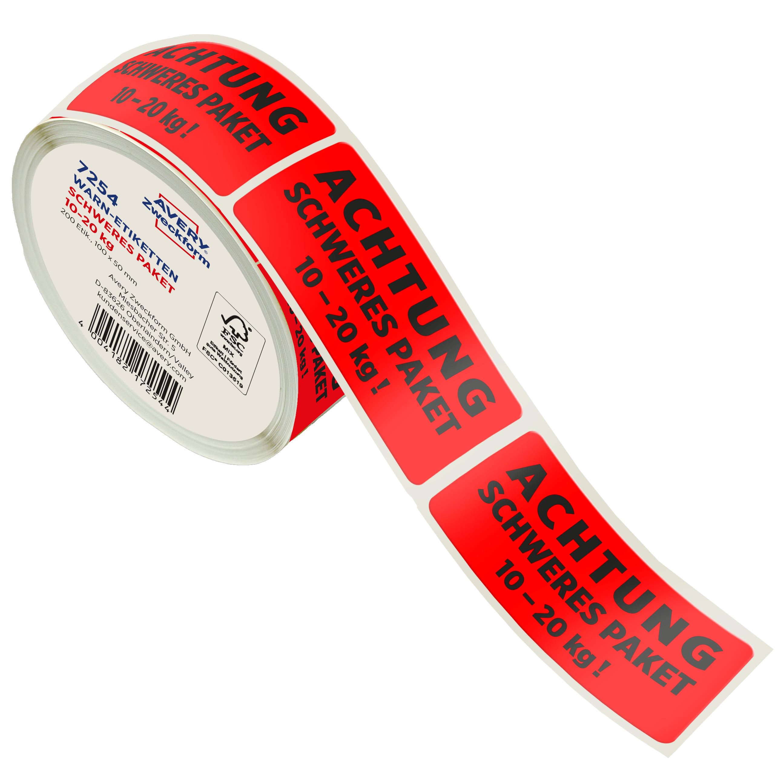 AVERY Zweckform Art. 7254 Warnetiketten Achtung! Schweres Paket 10kg bis 20kg (200 Warnaufkleber auf Rolle, 100x50mm, selbstklebende Versandaufkleber, Paketkennzeichnung nach Postgesetz) neonrot