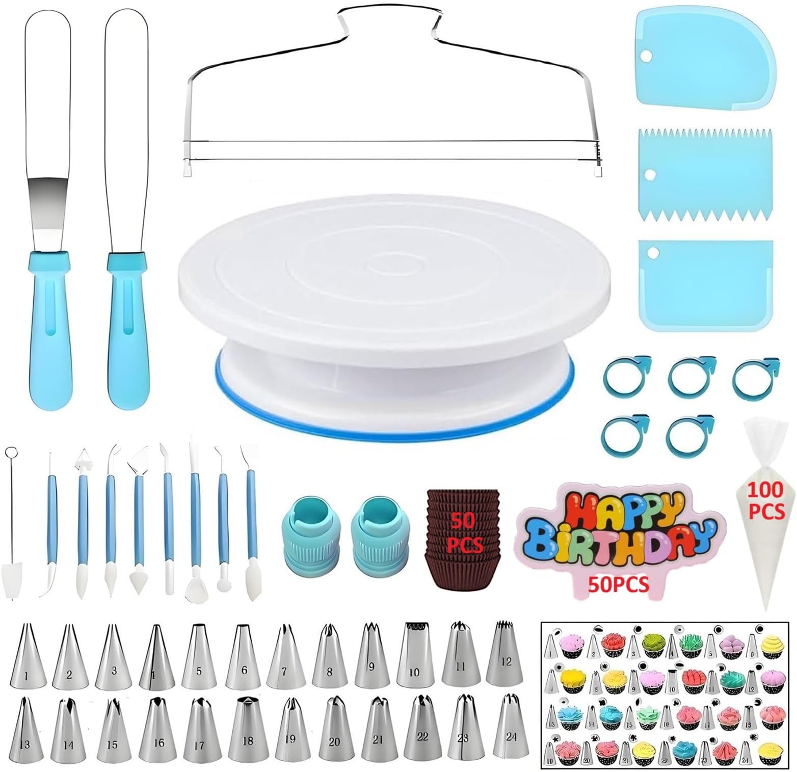 Cake Decorating Kit, 248 Pcs Baking Supplies Tools with Cake Turntable, Leveler, 24 Numbered Icing Tips, 2 Spatulas, 3 Scrapers, 2 Couplers, 50 Cupcake Liners, 100 Pastry Bags & More, (Blue)
