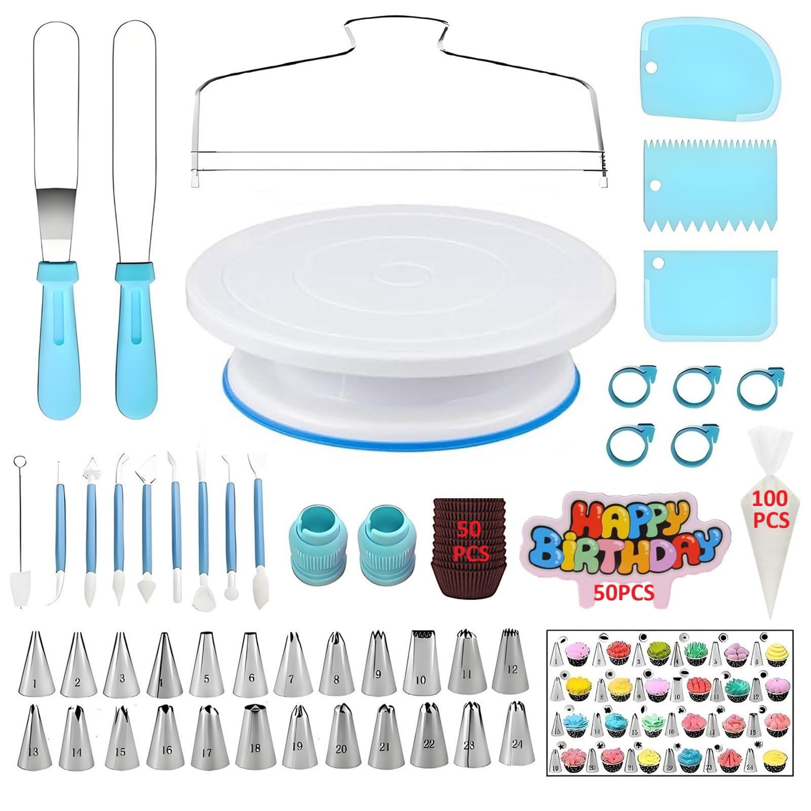 248 Pcs Cake Decorating Kit with Cake Turntable,Cake Leveler,24 Numbered Icing Piping Tips,2 Spatulas,3 Comb Scrapers,8 Carved Pens,100 Pastry Bags,50 Cupcake Liners,50 Cake Flags,Blue