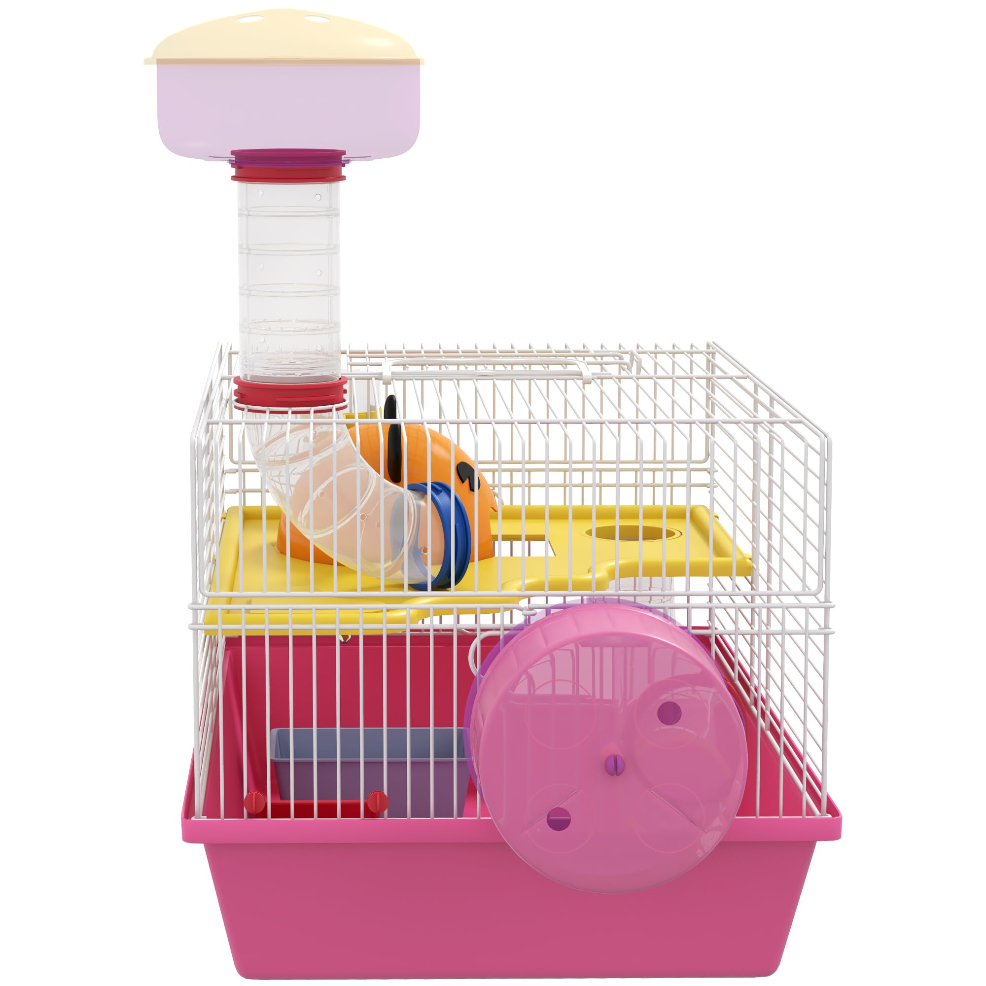PawHut Jaula para Hámster Casa para Animales Pequeños con Rueda de Ejercicio Casita Cuenco Bebedero Torre de Observación 34x27x25 cm Rosa