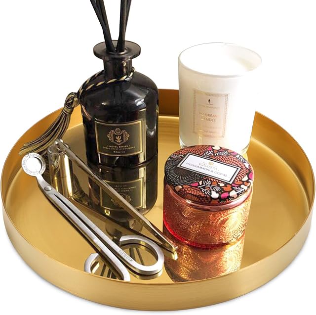 Jucoan 20cm Round Jewelry and Make Up Organiser, Gold Metal Decorative Tray Perfume Holder Candle Plate Cosmetic Trays for Vanity Dresser Bathroom Bedroom, Serving Tray for Drink Breakfast Tea Dinner