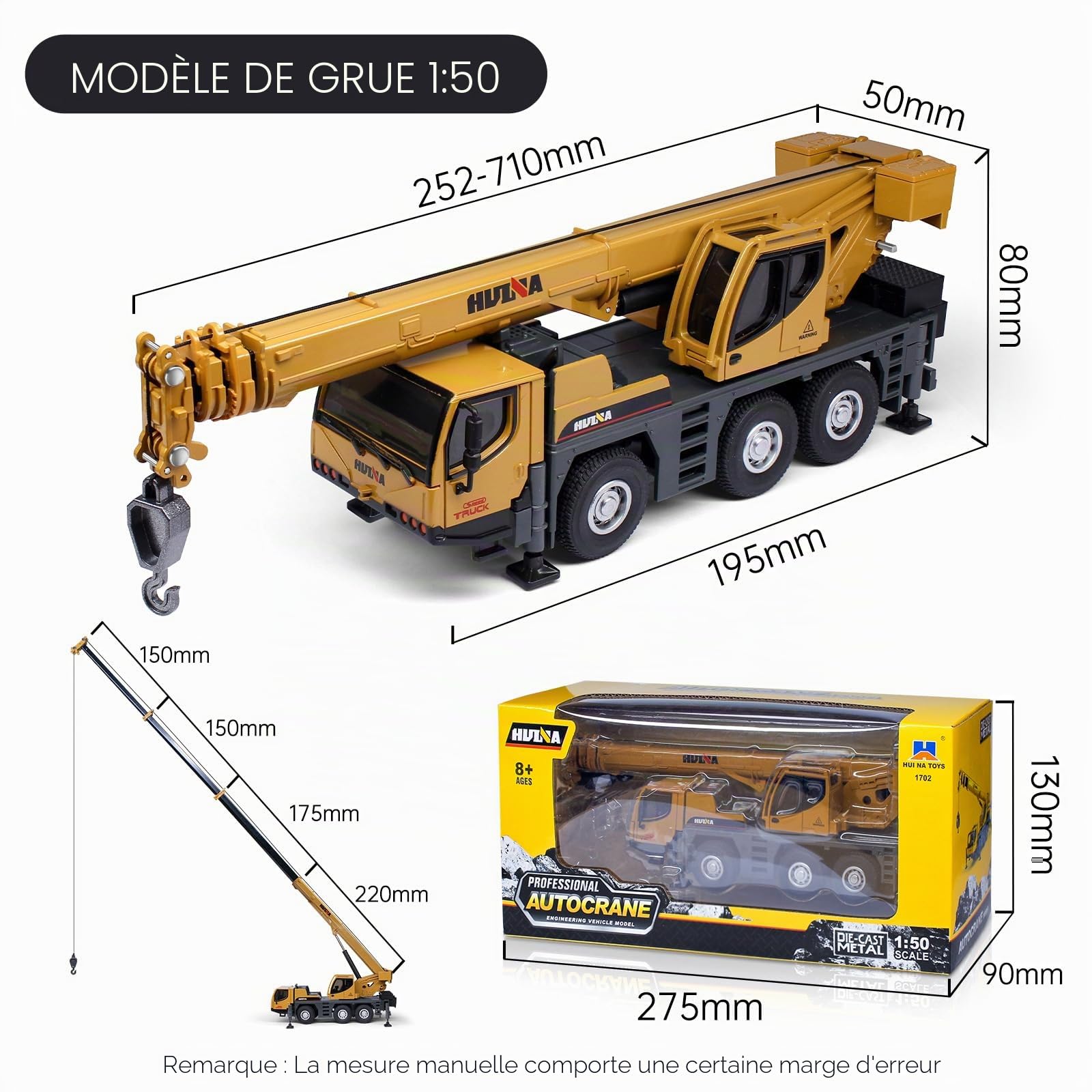 HUGMIE 1:50 Tracteur,Jouet Enfant avec Supports Extensibles,Alliages Camion,Grue Enfant,Tracteur Jouet pour garçons et Filles à partir 8 Ans