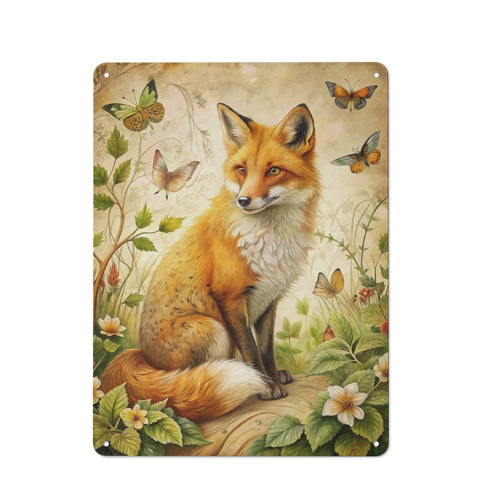 Junmoney Fox And Butterflies In Nature Industrial Metal Sign 40X30cm, Clean Industrial Loft Wall Plaque For Modern Home, Workshop, Office Or Cafe