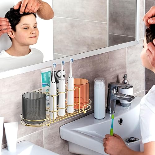 Miniatura 6 de Aolldy Portacepillos de dientes con 2 tazas  Soporte de pared para cepillos de dientes eléctrico de acero inoxidable dorado, soporte para maquinilla