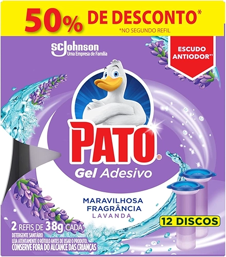 Pato Desodorizador Sanitário Gel Adesivo 2 Refis Lavanda, Limpeza Banheiro, 12 Discos