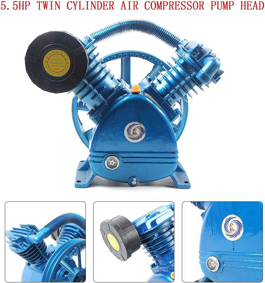 Air Compressor Pump Replacement 5.5HP 175PSI V-Type Twin Cylinder Air Compressor Pump Head Blue Single Stage 21CFM Air Compressor Head Piston Style Lubrication Pump