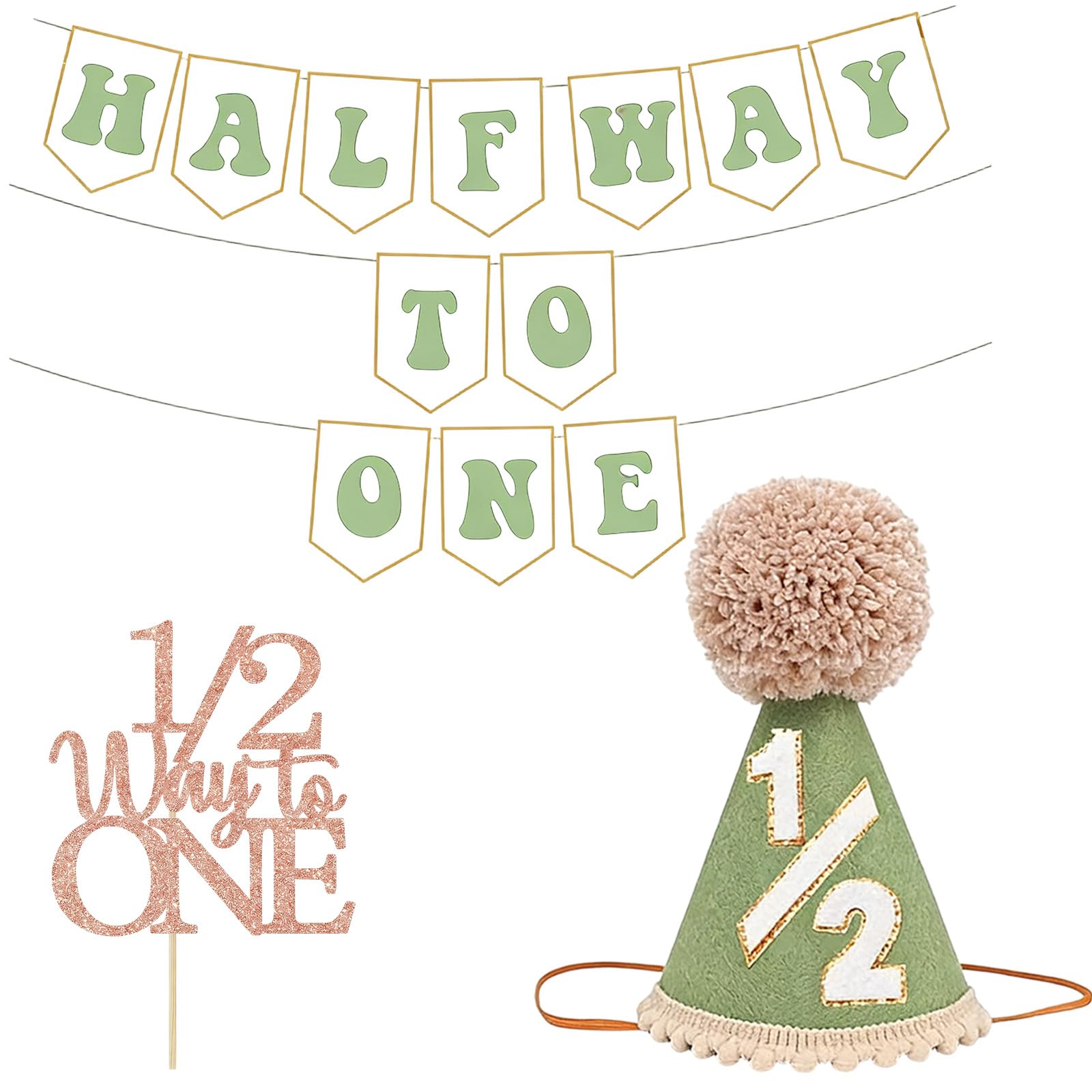 3pcs Half Birthday Decorations Set, 1/2 Birthday Decorations with Green banner and rose gold cake topper, Birthday Party Supplies for Celebrations