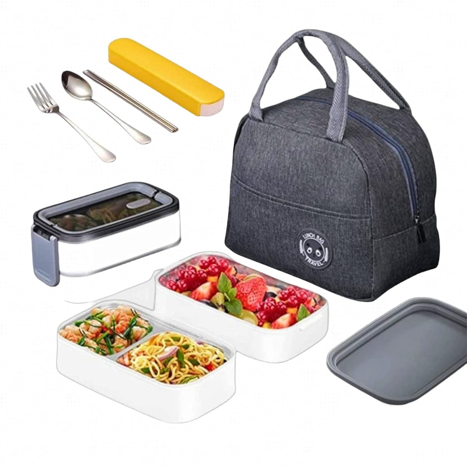 Lunch Box for Kids and Adults – 1600ml Bento Lunch Box with Bag and Cutlery(Spoon,Fork,Chopsticks),Leakproof Food Containers with 3 Compartments,Tiffen Box for School,Office,Shops(Grey)