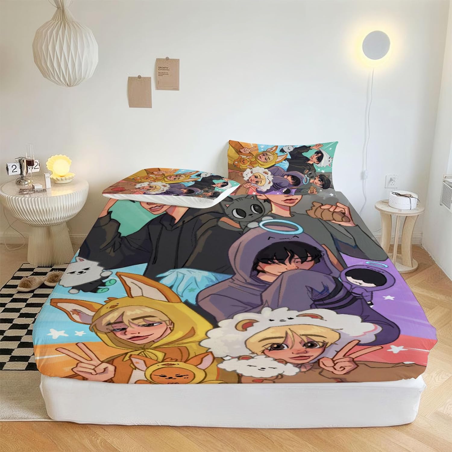 Allenjoy Full Size Cartoon Group Portrait Fitted Sheet Colorful Streaks Bed Sheets Bedding Set Deep Pockets Up to 16" Bedroom Decor with 2 Pillowcases SC00607-006
