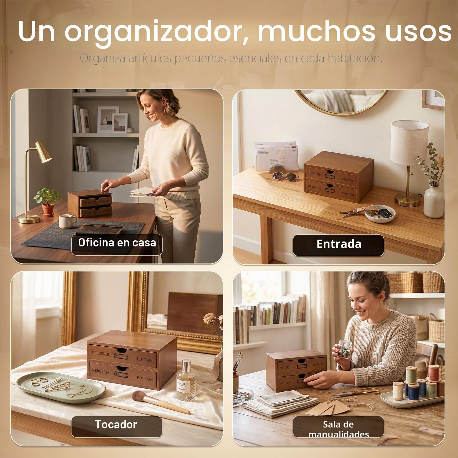 Flexzion Organizador de suministros de oficina de escritorio de madera con 2 cajones de almacenamiento, gabinete de mesa de madera de 2 niveles, caja de accesorios de escritorio para encimera, para el