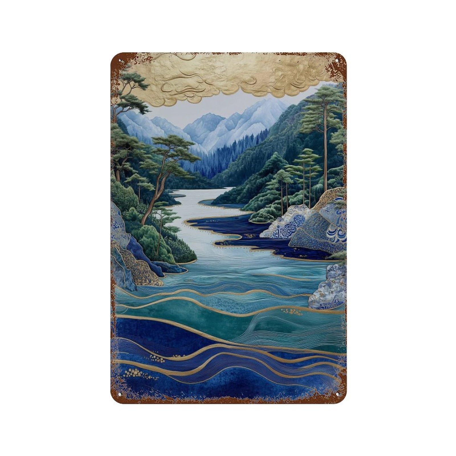 xiaoxiaoshen Japanese Landscape Blue Green River Mountain Oriental Nature Asian Scenic Vertic Wall Decor Art Metal Tin Poster Modern Home Decor Art Home Bar Shop Decorations Vintage Sign 30x20cm