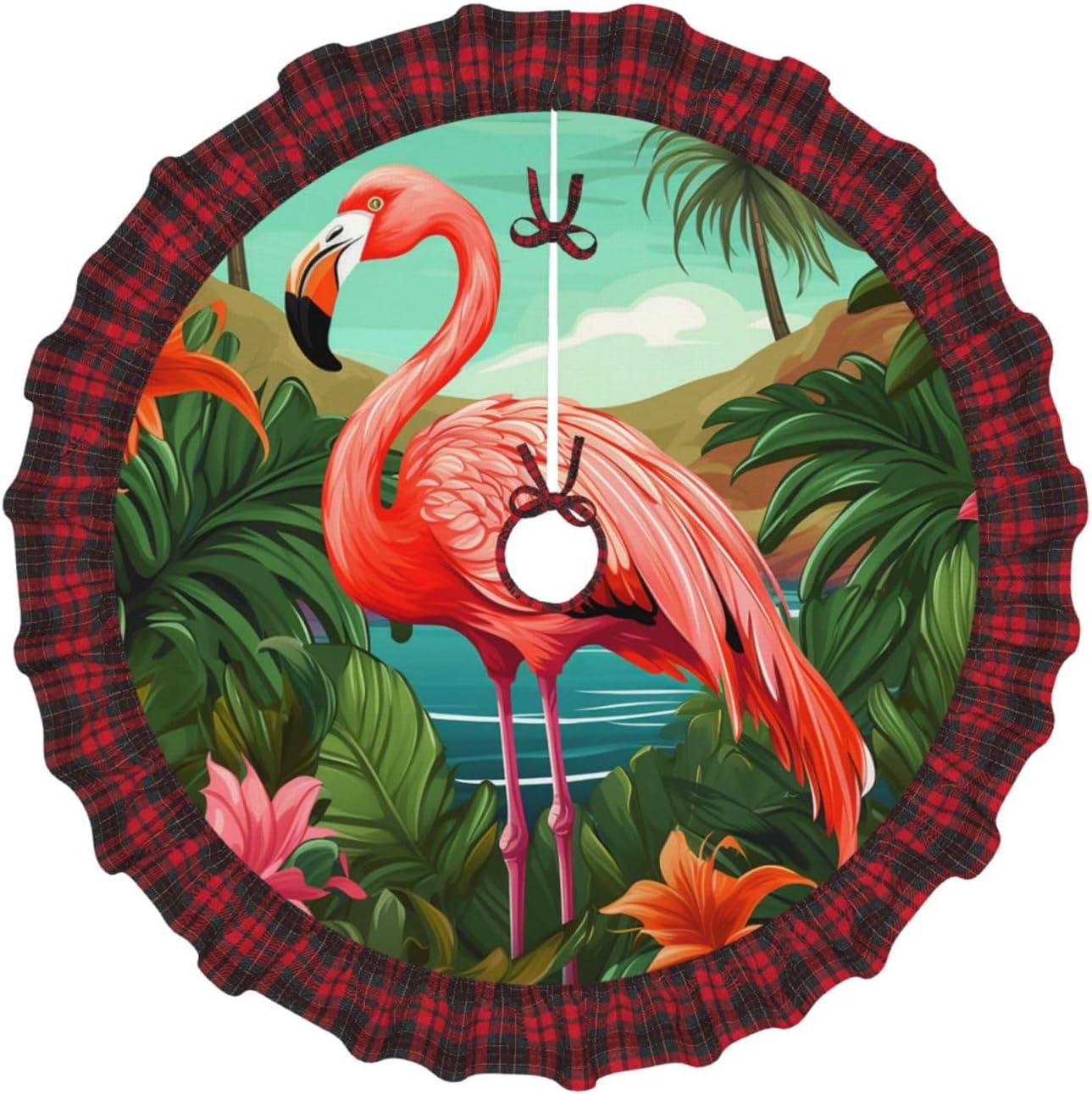 Tropical Flamingo Christmas Tree Skirt Vintage Xmas Tree Skirt with Red Black Buffalo Plaid Edge Christmas Tree Mat Christmas Tree Ornaments for Holiday Party Christmas Decorations