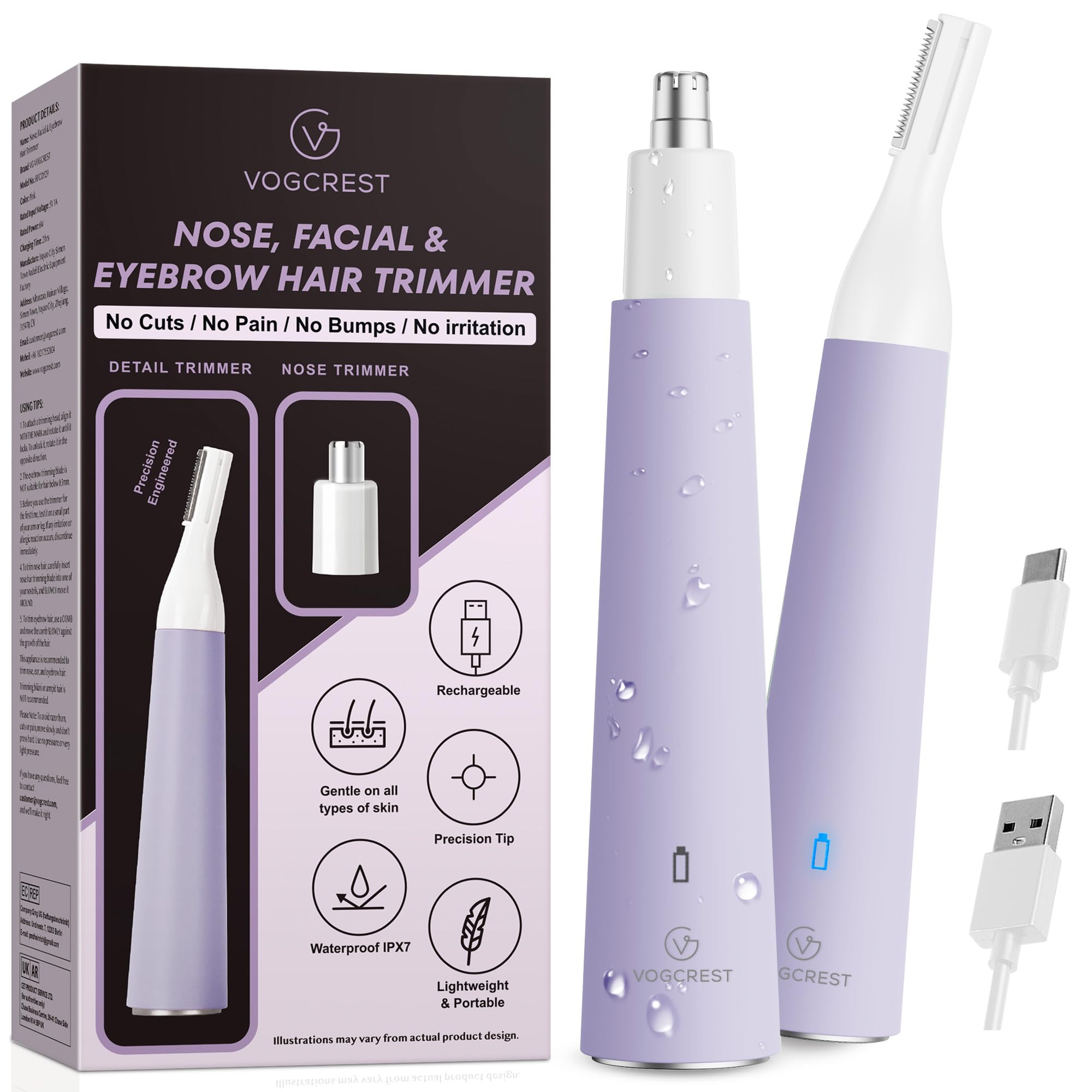 VG VOGCREST Rasoio per naso da donna: rasoio ricaricabile 2 in 1 per sopracciglia (rosa)