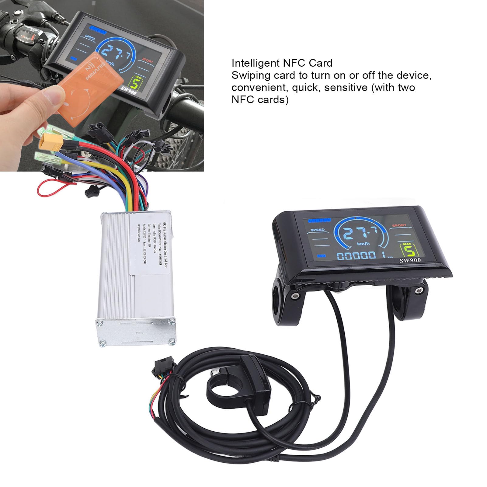 BuyWeek Kit Controller Brushless Bici Elettrica, Controller Motore Brushless 36V 48V 60V 450W 500W Centralina Bici Elettrica a Onda Sinusoidale con SW900 NFC Chiave di Induzione