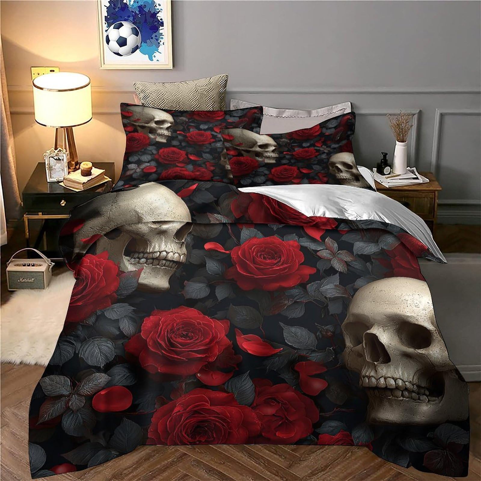 Rose skulls Ensemble De Literie Résistante Microfibre résistante 3 Pièces 3D Effet Gothic floral design Linge de Lit avec Taie d'oreiller Hypoallergique for Chambre de garçons King（220x240cm）