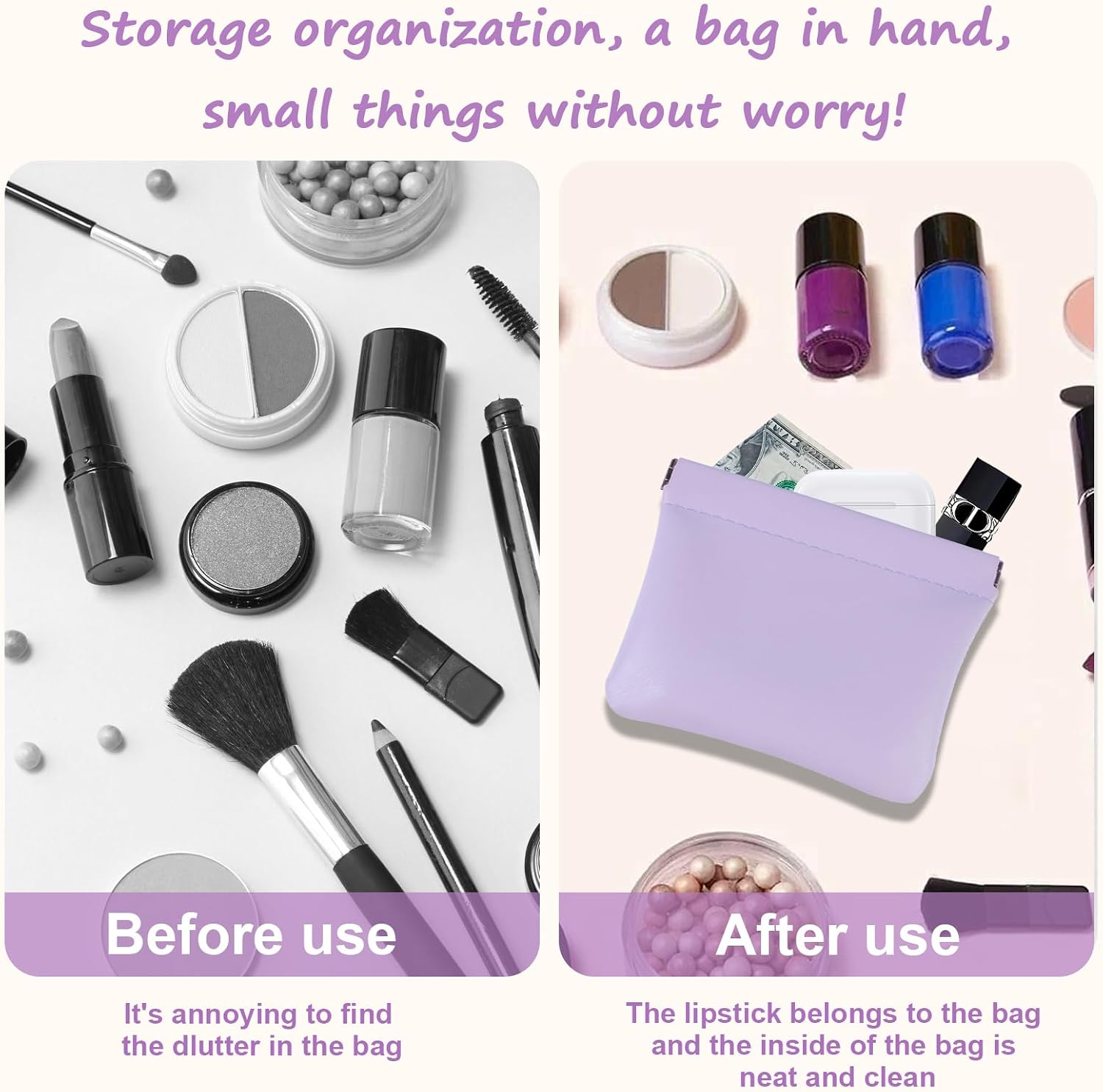 6 PCS Pocket Cosmetic Bag, Small Pocket Makeup Bag for Women Snap Closure Organizer Pouch Portable No Zipper Waterproof Leather, Mini Travel Storage Bag for Cosmetics Jewelry Headphone(6 color 3 size)