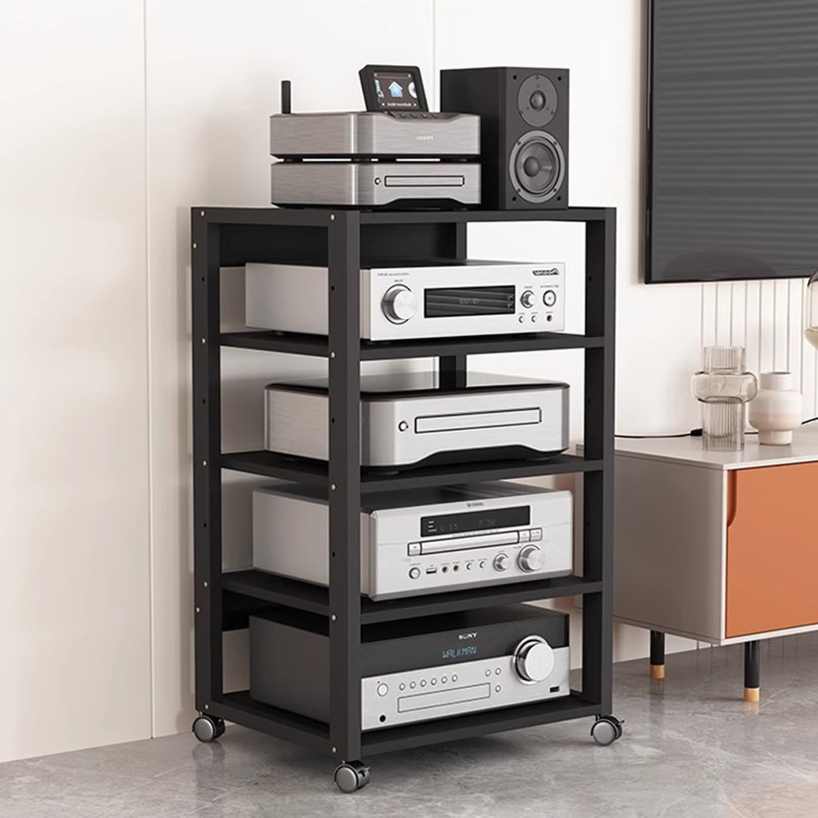 ROHCGHC Audio Rack Tower, Adjustable Shelves AV Media Stand, Corner DVD Stereo Component Console Electronics Equipment Storage Tower- 4 Tier(90cm(35 3/8") 5 Tier)