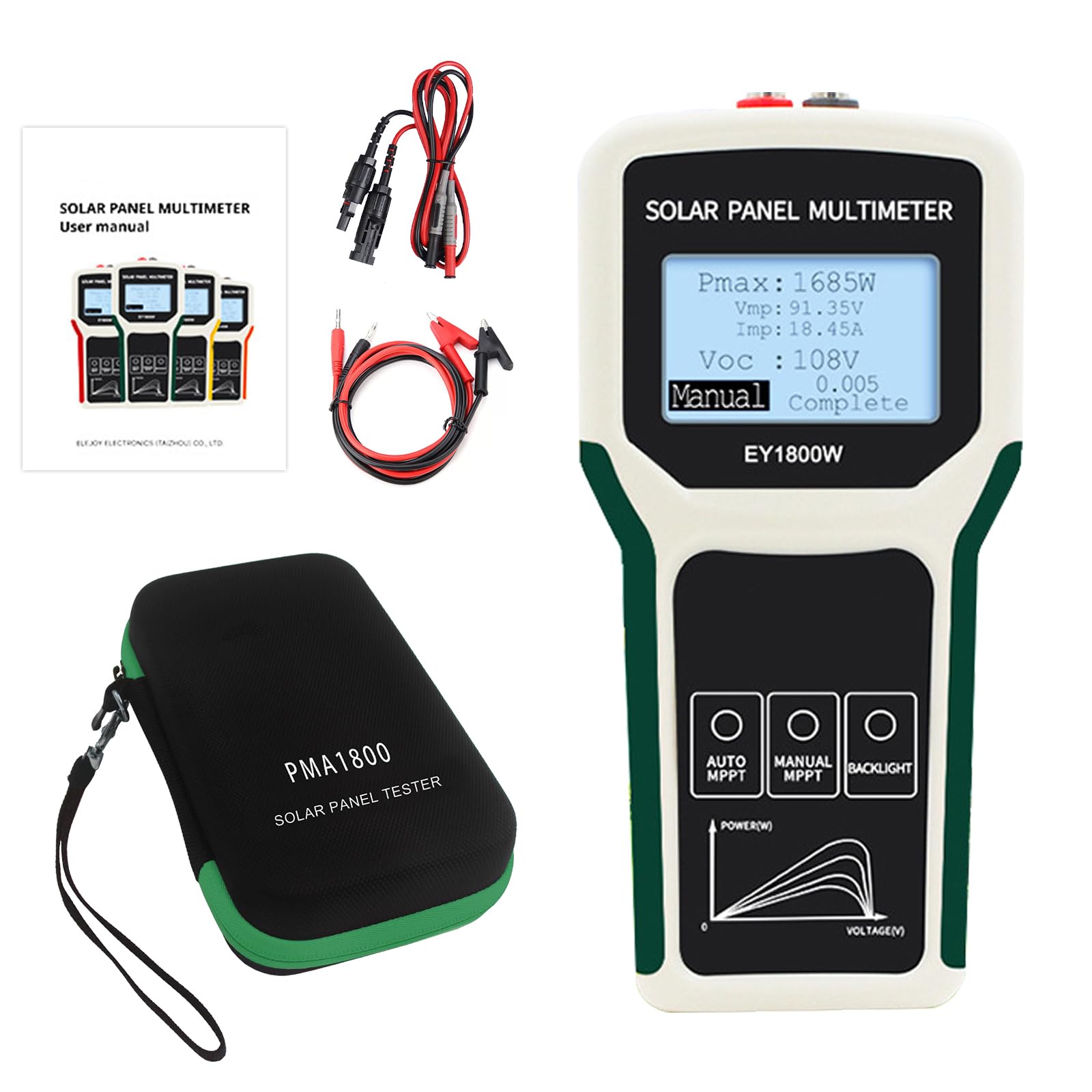 Probador De Paneles Solares, 1800W Multímetro Fotovoltaico Medidor Solar Mppt Con Pantalla Lcd Ultra Clara Gran Tamaño Detección Automática/Manual Mide Voltaje Circuito Abierto Punto Máxima Potencia