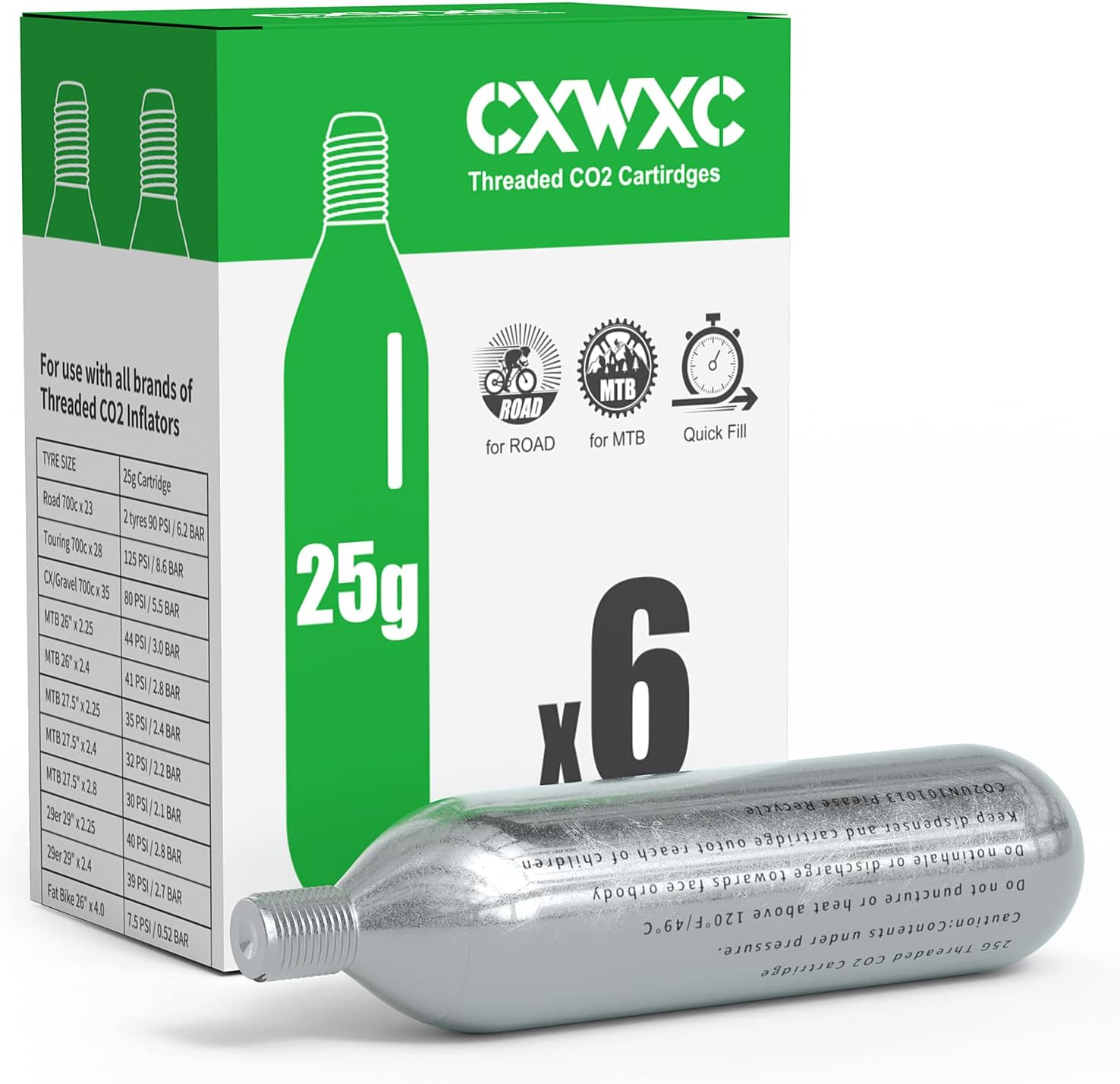 CXWXC 16g / 25g Threaded CO2 Cartridges or CO2 Inflator for Bike Tires - Cartridge for CO2 Inflator with Threaded Connection, CO2 Pump for Road and Mountain Bikes