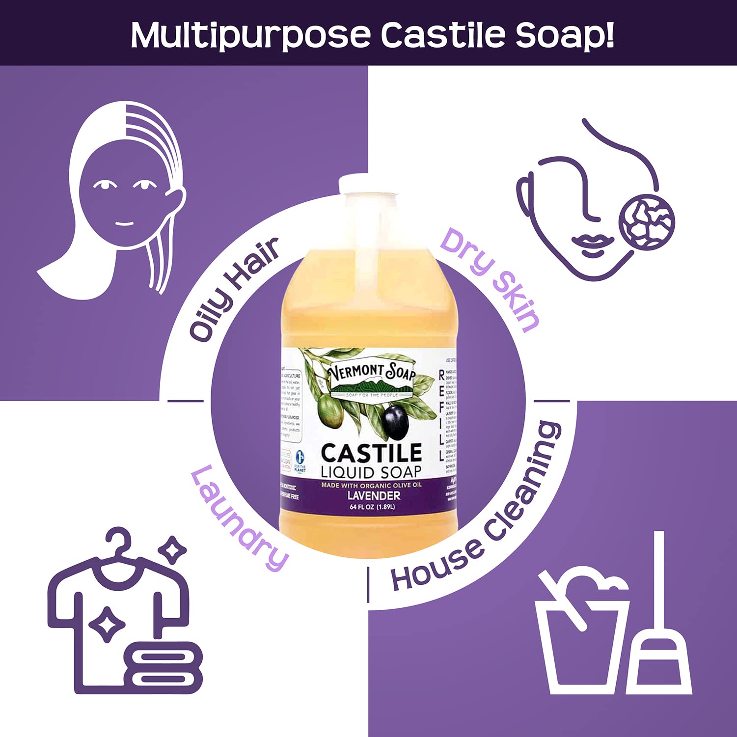 Vermont Castile Soap Lavender, Gentle Liquid Soap For Sensitive Skin  Natural Body Wash, Organic Hair Shampoo For Oily Hair, Aloe Castile Soap  For