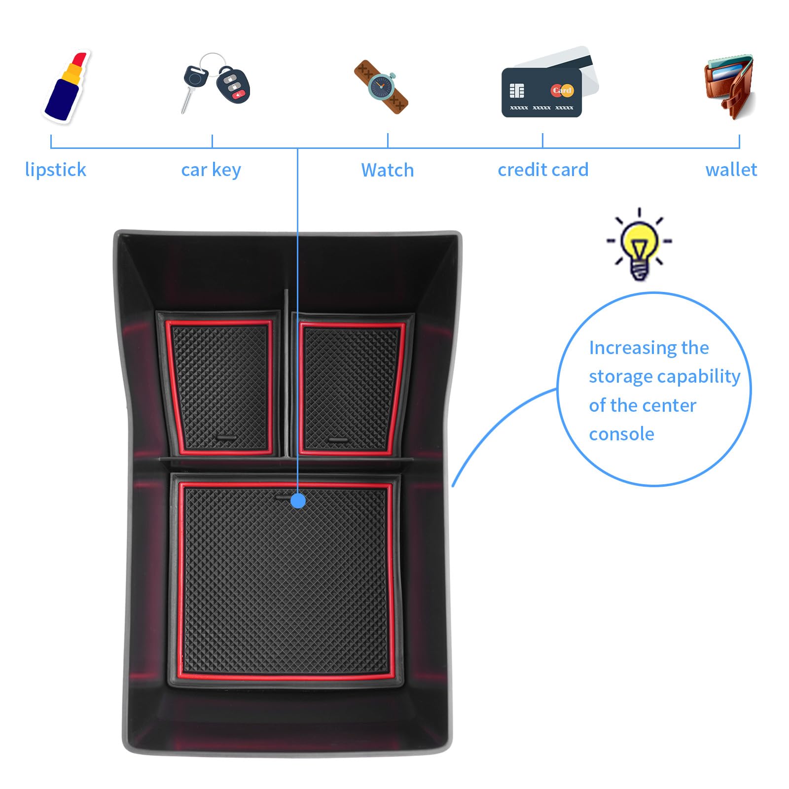 YEE PIN Kona Scatola di Immagazzinaggio per Kona Hybrid/N Line 2017-2022 (Not fits Electric EV) Center Console Bracciolo Box Storage Secondario Vassoio Estraibile con Tappetino Antiscivolo