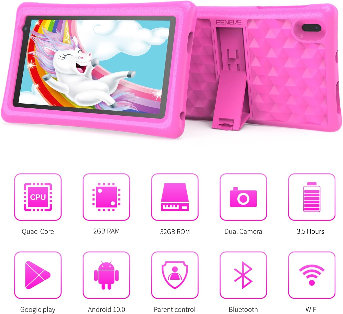 Icons representing the tablet's features: Quad-Core CPU, 2GB RAM, 16GB ROM, Dual Camera, 3.5 Hours battery life, Google Play, Android 10, Parental Control, Bluetooth, and WiFi.