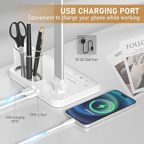 Miniatura 2 de Lámpara de escritorio LED regulable con puerto de carga USB, 50 modos de iluminación, lámpara de escritorio ajustable plegable de doble brazo