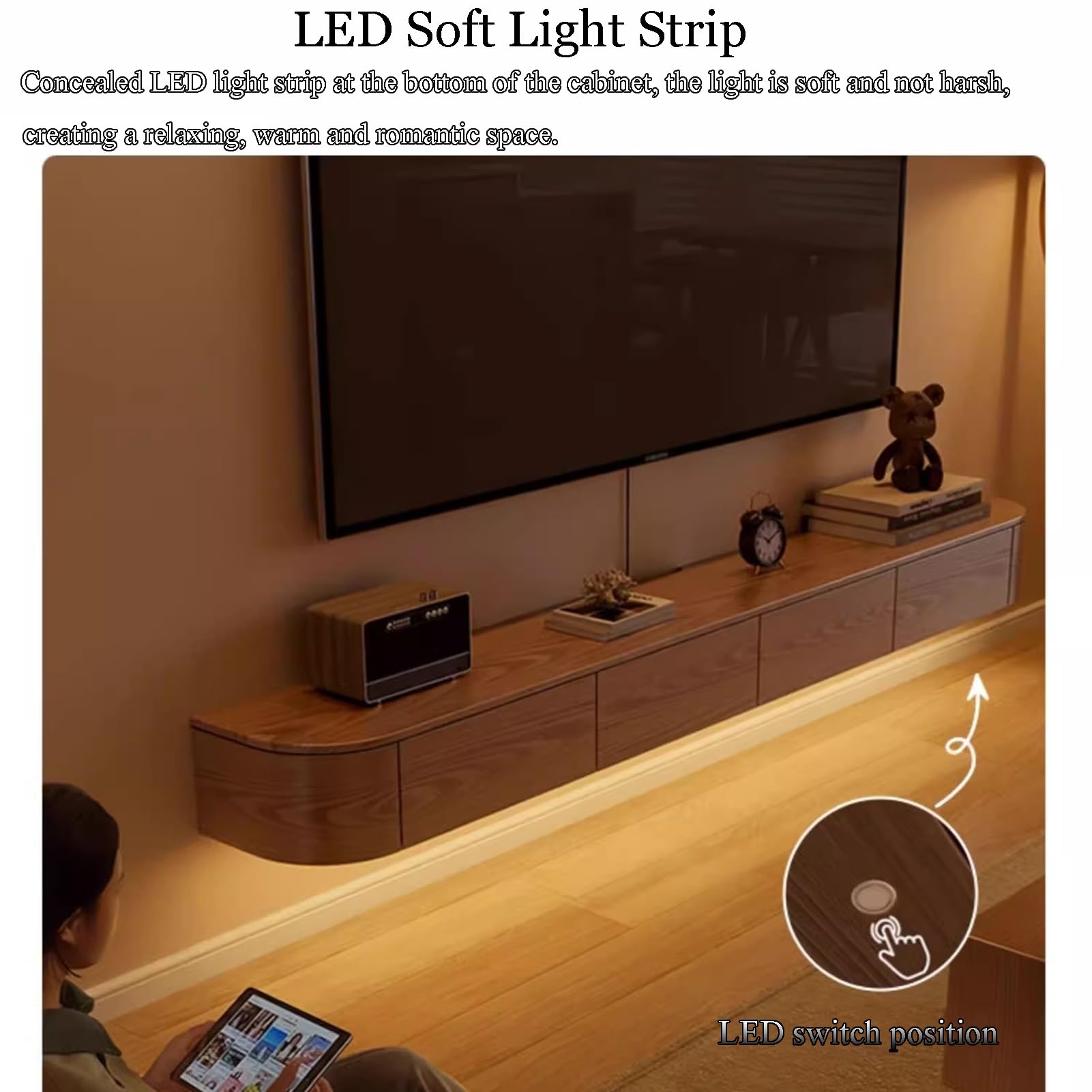 Mobile TV da parete vintage – Console multimediale in legno massello con illuminazione ambientale per soggiorno – elegante design bianco 160 x 20 x 30 cm – soluzione moderna per l'intrattenimento