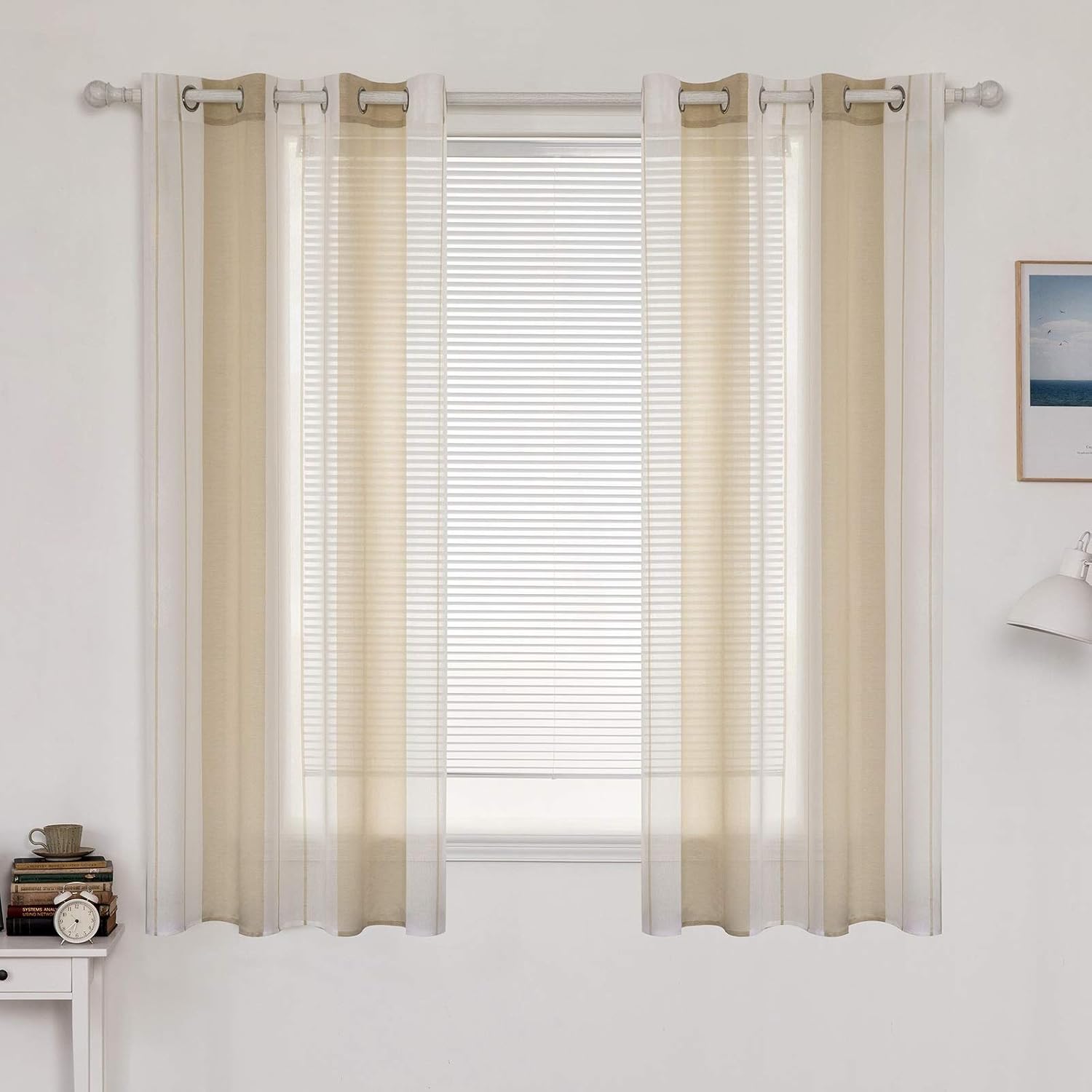 MIULEE Voile Curtains Classic Striped Curtain Translucent Soft Elegant Modern Light Filtering Transparent Eyelet Top Window Curtain Polyester for Bedroom Living Room 2 Panels 55"Wx69"L 140x175cm Beige