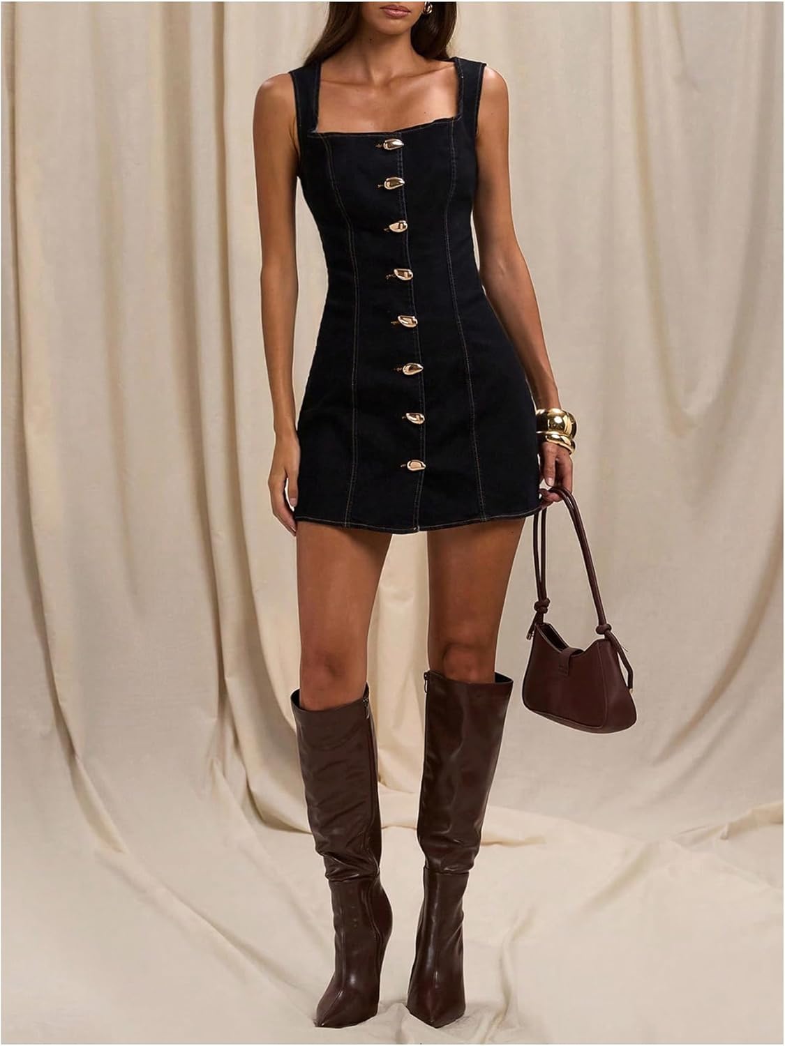 Milumia Women's Button Down Denim Mini Dress Sleeveless Square Neck A Line Tank Dresses - Image 5