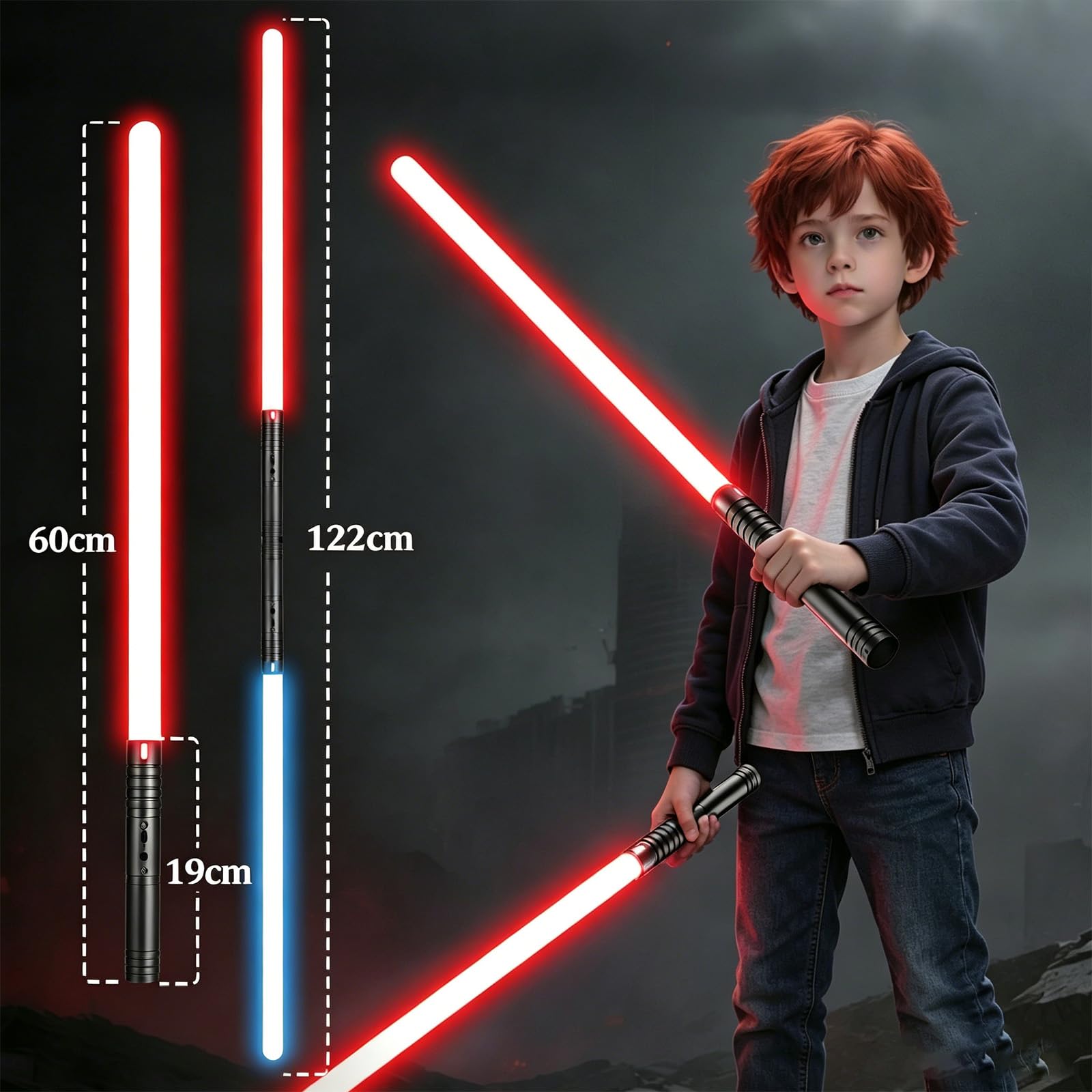 Laserschwert Kinder, Lichtschwert RGB 15 Farben, USB wiederaufladbare Licht Schwert mit FX Sound, Lichtschwert Schwert Spielzeug für Kinder, Halloween, Galaxy Krieg Kämpfer Cosplay (60cm 2PC)