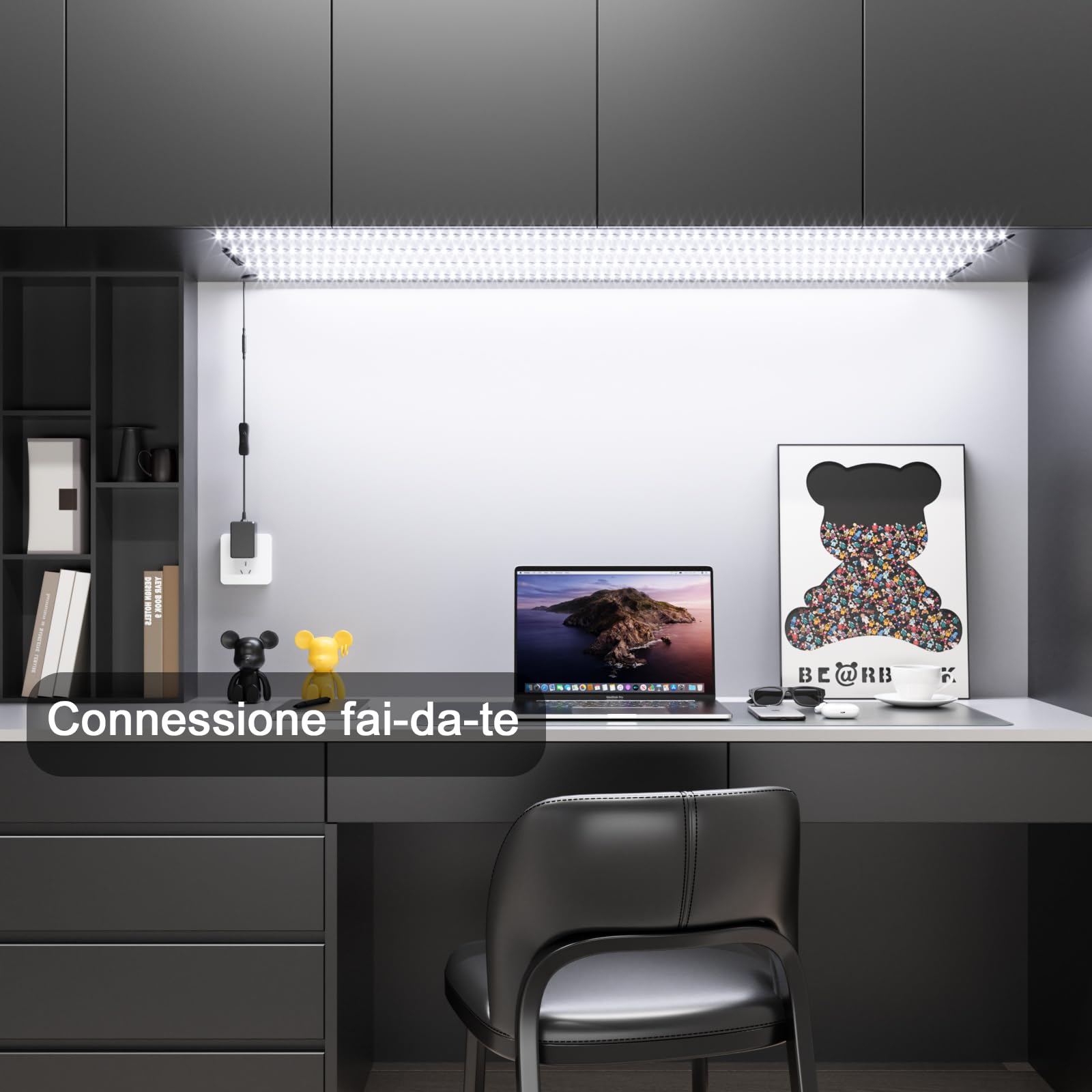 WOBANE Striscia Led Cucina Sottopensile 2 metri, 4X50cm Strisce Led Adesiva per Cucina con Interruttore e Spina, 1200LM Illuminazione Sotto Pensile per Vetrine,Scrivania,TV, Bianco Freddo 6000K, Nero