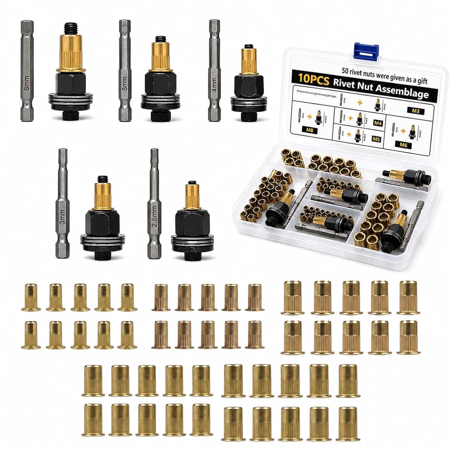 Banxidi 60pcs Threaded Carbon Steel Rivet Nut Tool Kit, M3 M4 M5 M6 M8