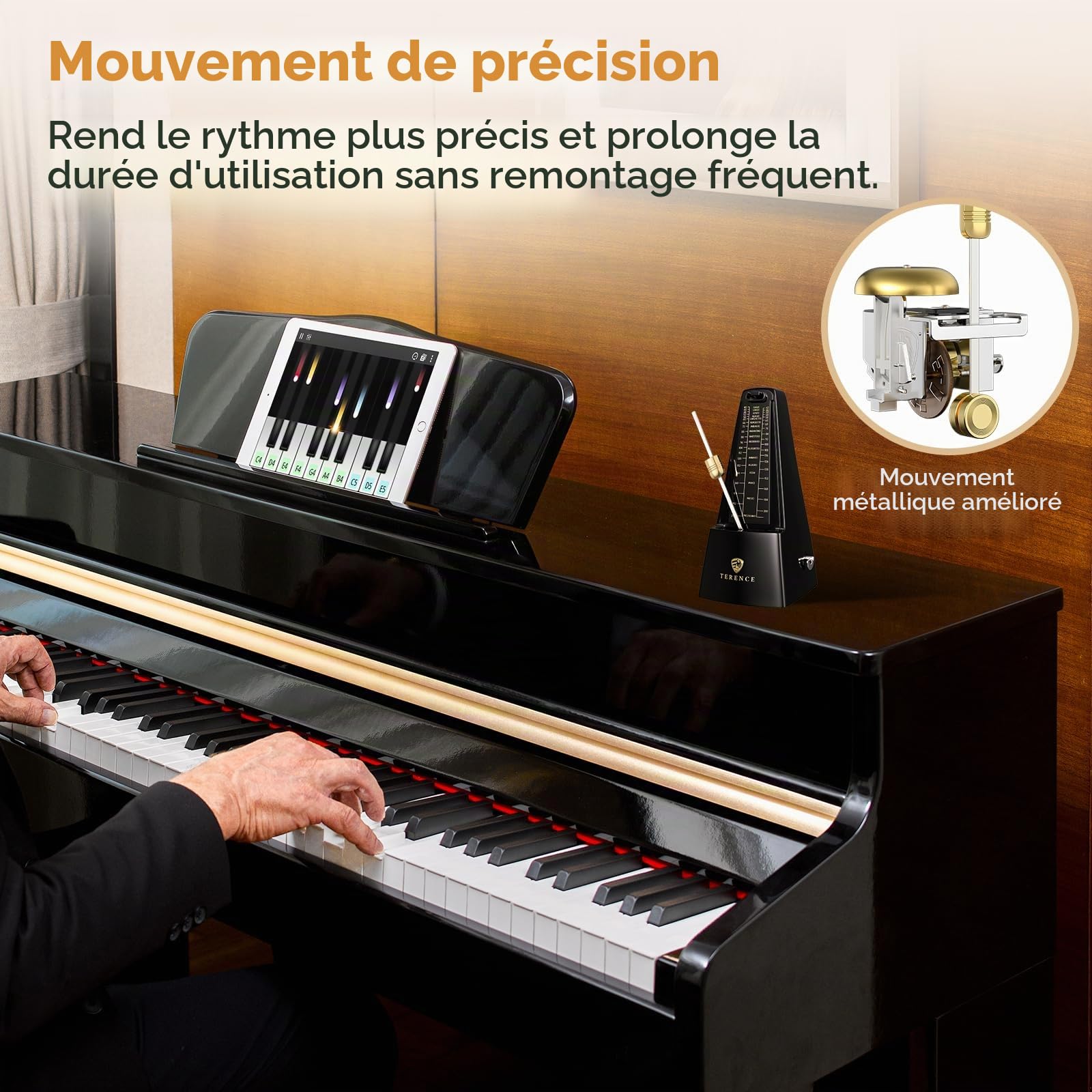 Métronome mécanique TERENCE métronome de haute précision son puissant adapté au piano violon clavier guitare basse guzheng batterie Qinge, adapté aux adultes, enfants, débutants, professionnels, noir