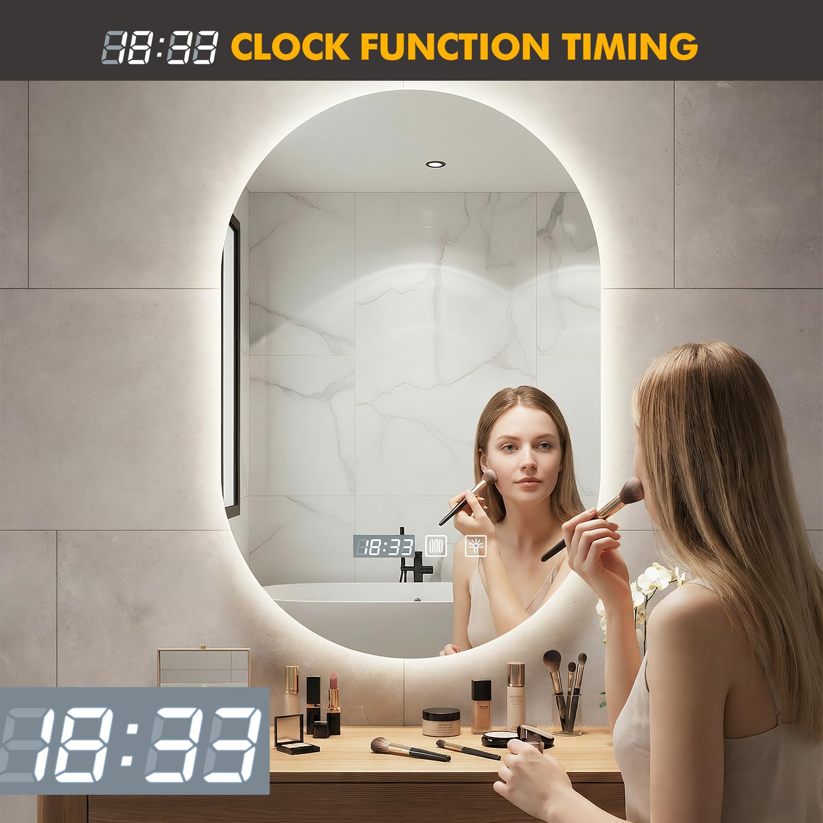 Miroir Salle de Bain avec Eclairage 50 x 75 cm,Miroir Salle de Bain Mural,Miroirs LED Sall𝐞 d𝐞 Ba𝐢n avec Anti-Buée,Interrupteur Tactile,Affichage Heure,3 Couleurs Lumière,Dimmable,Mémoire