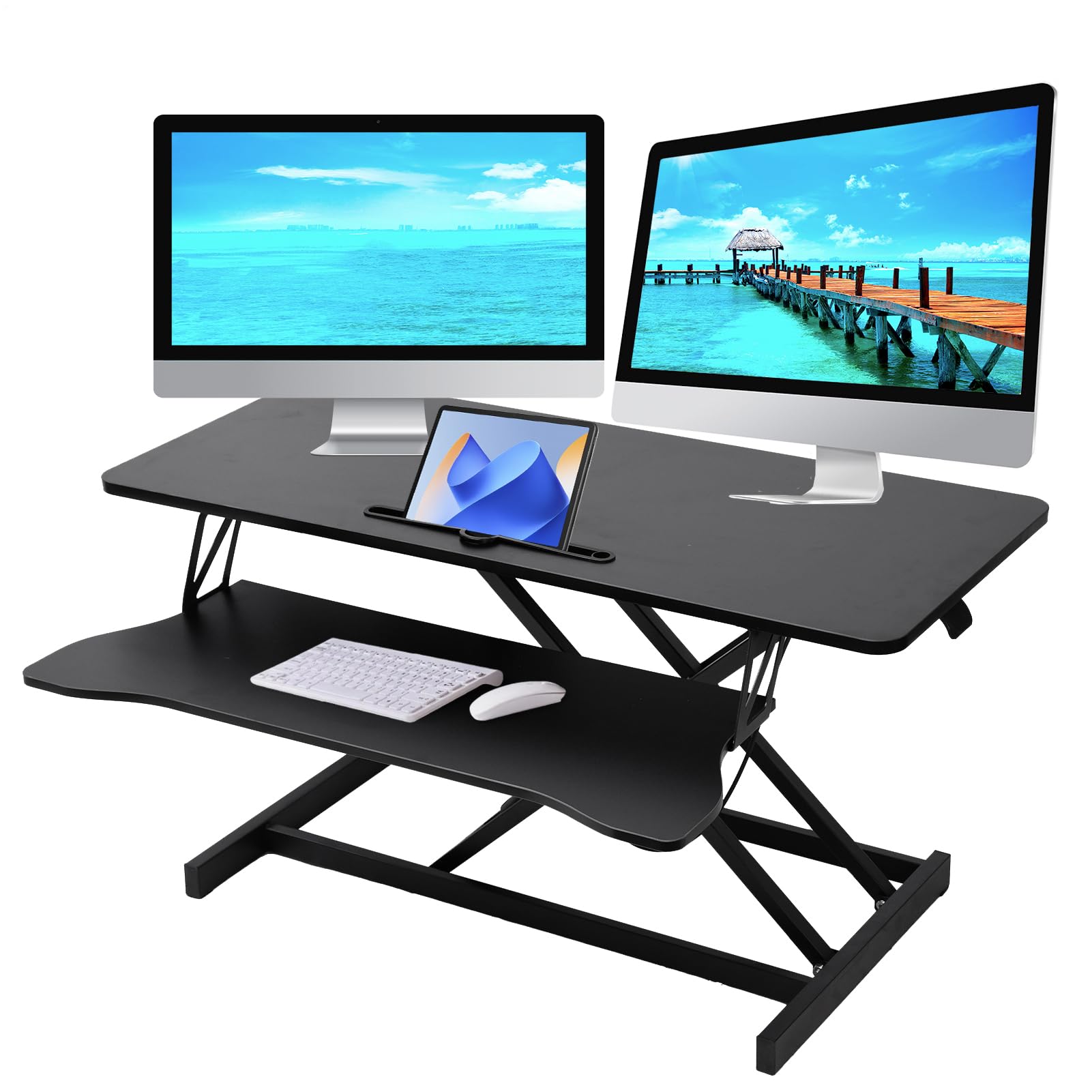 Generico Convertitore da scrivania da 38", altezza regolabile, postazione di lavoro per 2 monitor e laptop con ampio vassoio per tastiera, postazione di lavoro per ufficio in piedi, nero