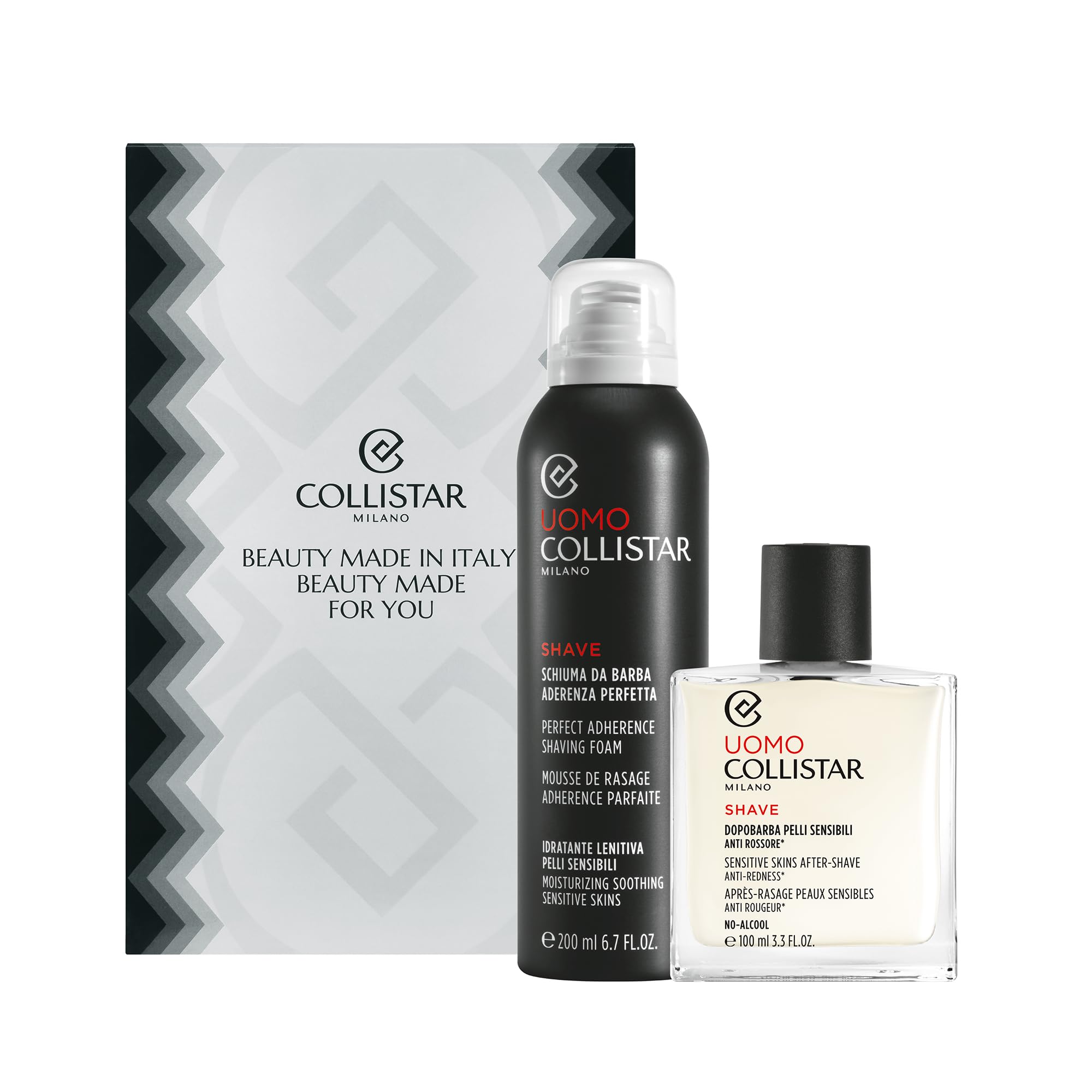 Collistar Cofanetto Regalo Uomo Schiuma da Barba Aderenza Perfetta 200 ml + Dopobarba Pelli Sensibili 100 ml – Anti Rossore, No Alcol, Rasatura Delicata