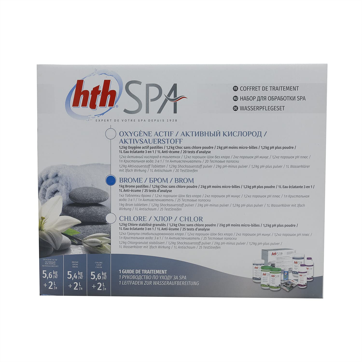 HTH Spa Coffret DE Traitement AU Brome - 7,4kg | Kit Traitement pour Un Entretien Complet - Désinfection Régulière et Choc sans Chlore + 10 Tests HPS OFFERTS 6 en 1