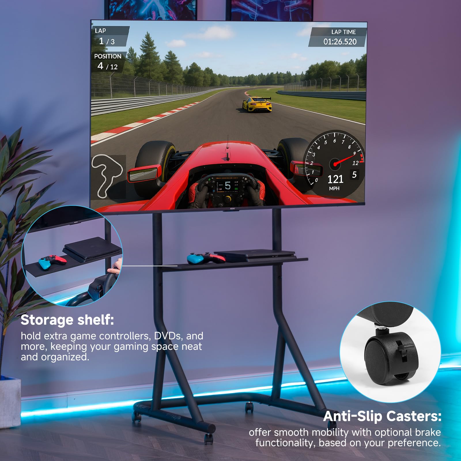 GTPLAYER Supporto per monitor da simulatore di guida , regolabile in altezza con ruote per TV e monitor da 32-65 pollici, supporto per monitor da simulatore di guida