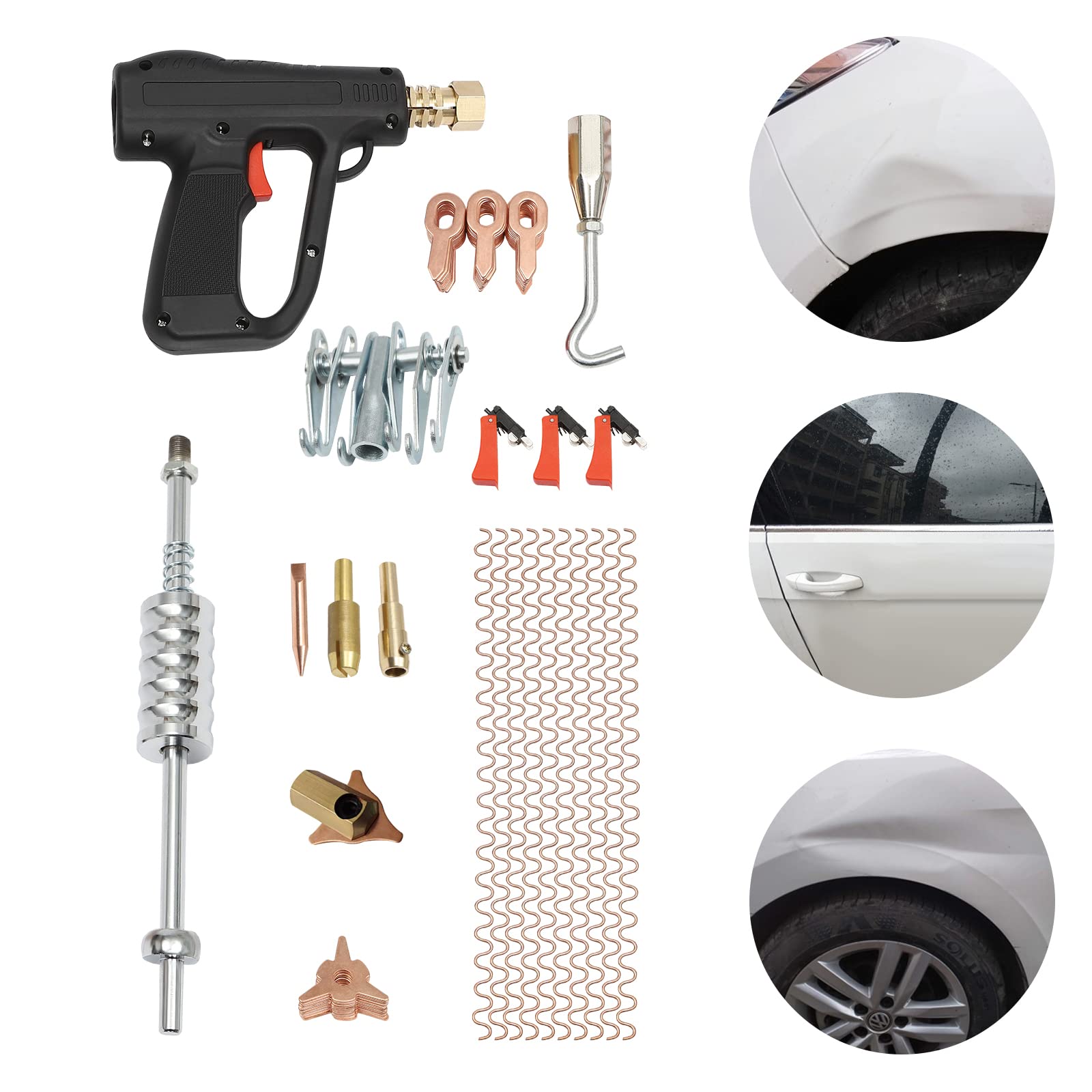 Lot de 81 accessoires de spotter pour réparation de carrosserie kit de réparation de bosses kit de réparation de voiture avec pistolet à soudage Dent Puller Slide marteau