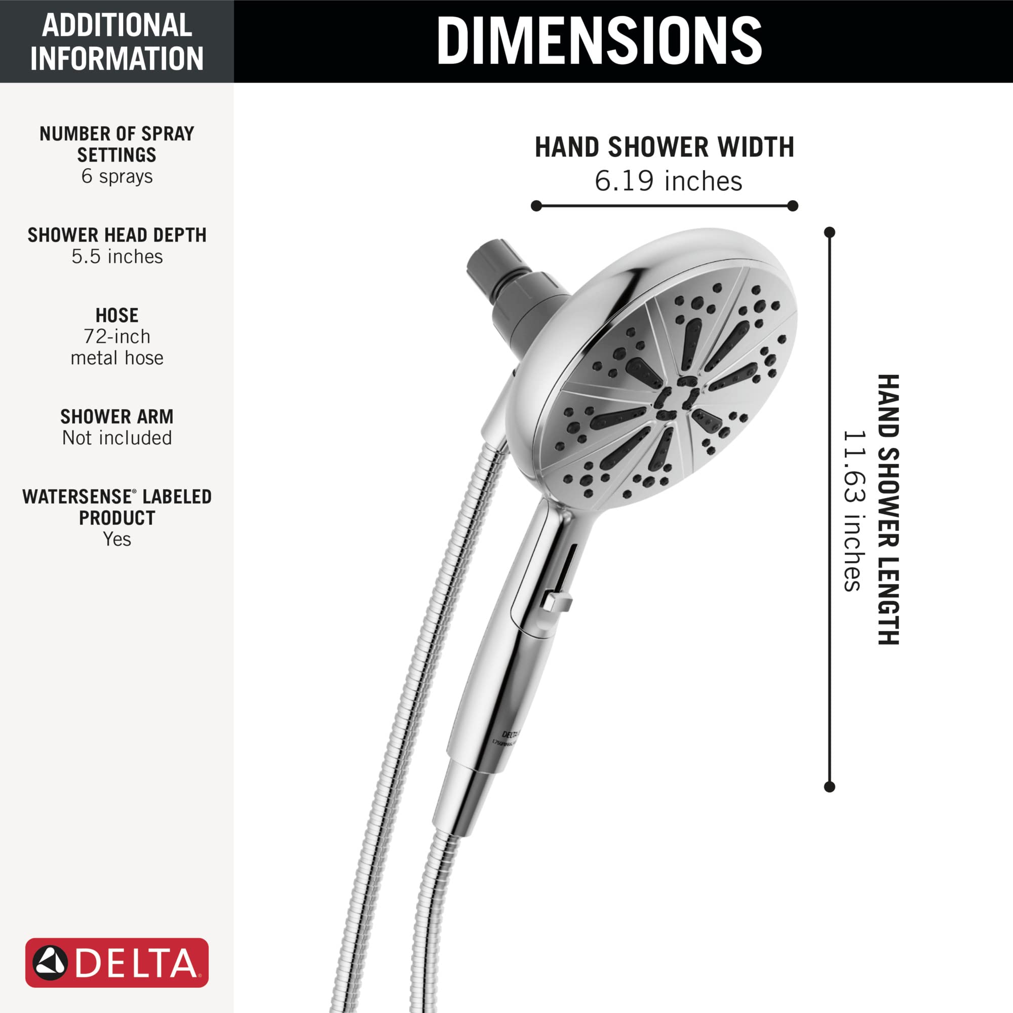 Delta Faucet SureDock - Cabezal de ducha magnético de 6 pulverizaciones con rociador de mano, cabezal de ducha cromado con manguera, cabezales de ducha y duchas de mano, ducha de mano, cromado 75613