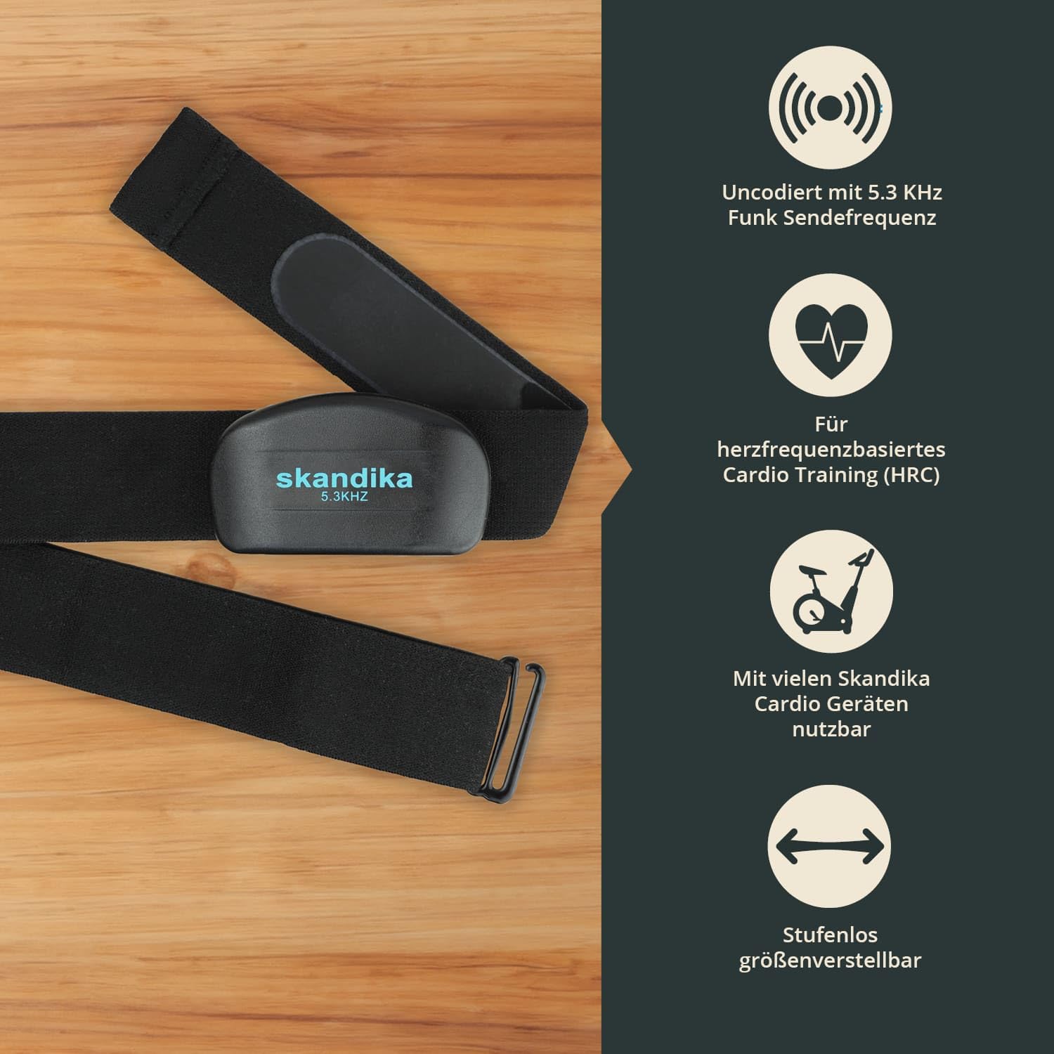Skandika Brustgurt Pulsmesser uncodiert 5,3 kHz | Herzfrequenzmesser für Sportgeräte, Pulsmessung, kompatibel mit Fitnessgeräten, Funkempfänger, größenverstellbar | Pulsgurt Sport Fitness